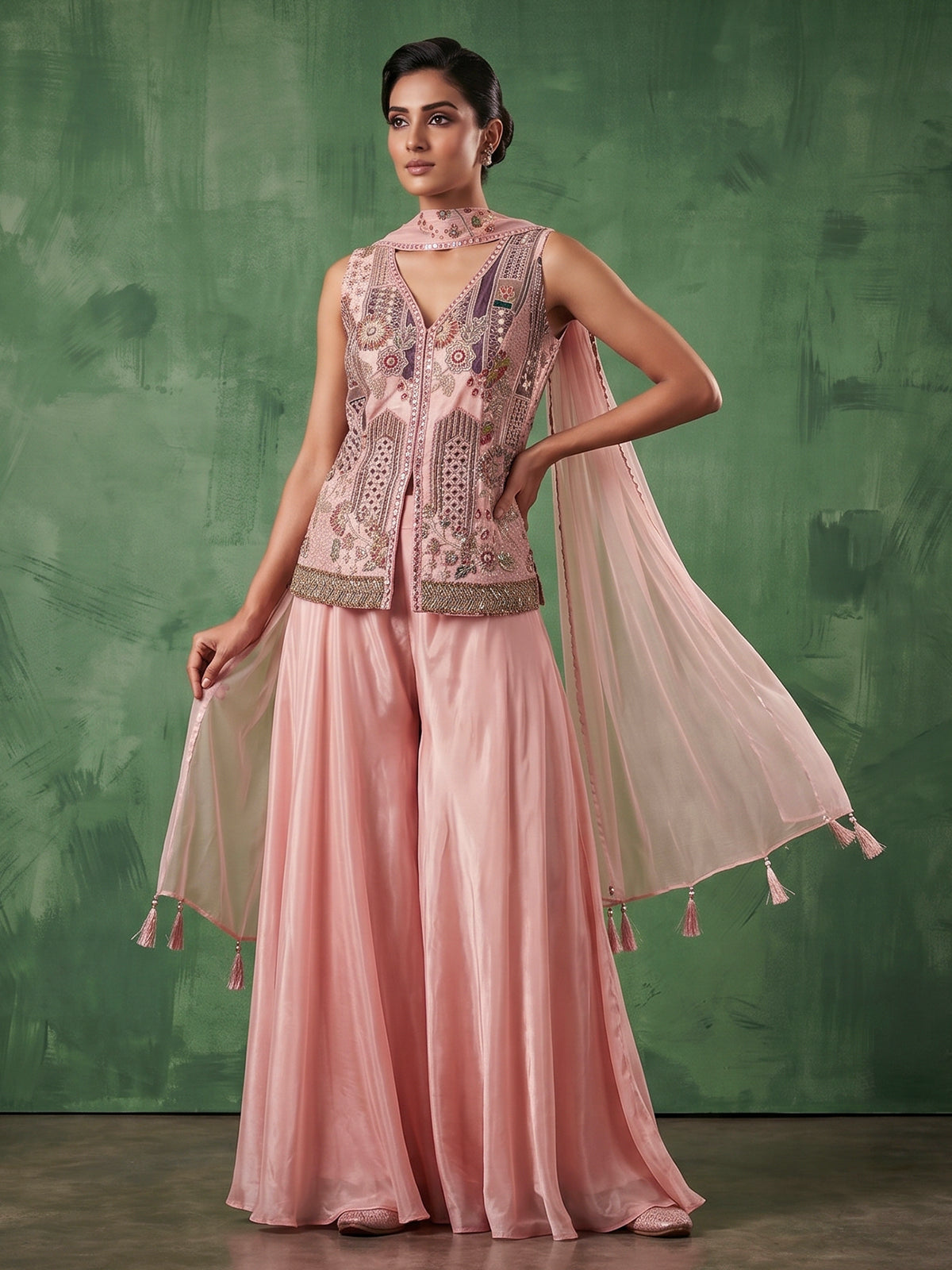 Pastel pink embellished palazzo suit