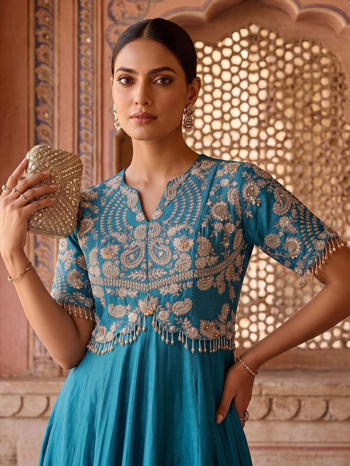 Peacock blue silk Anarkali suit for festive celebration