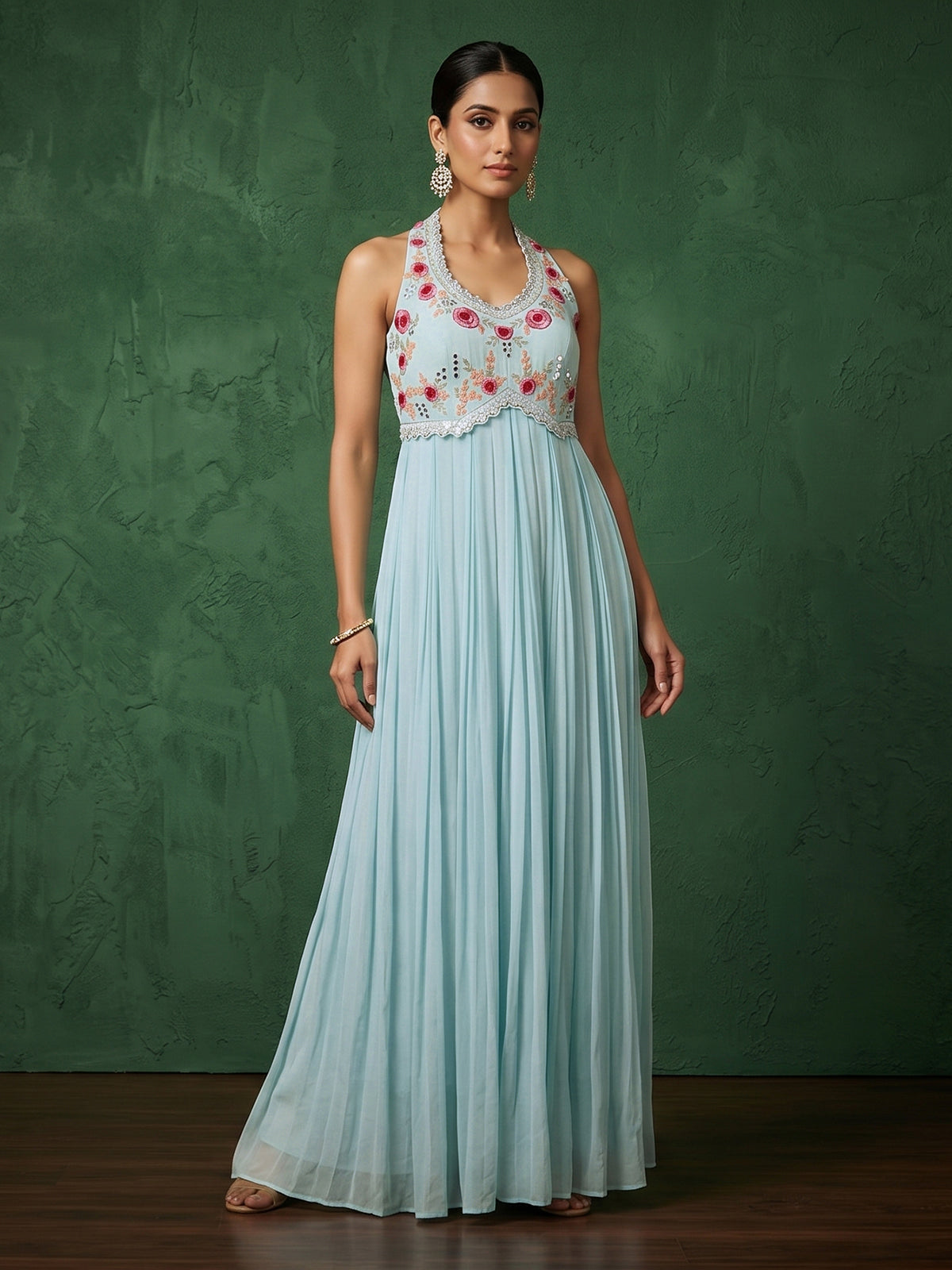 Firozi blue chiffon embroidered Anarkali suit for wedding