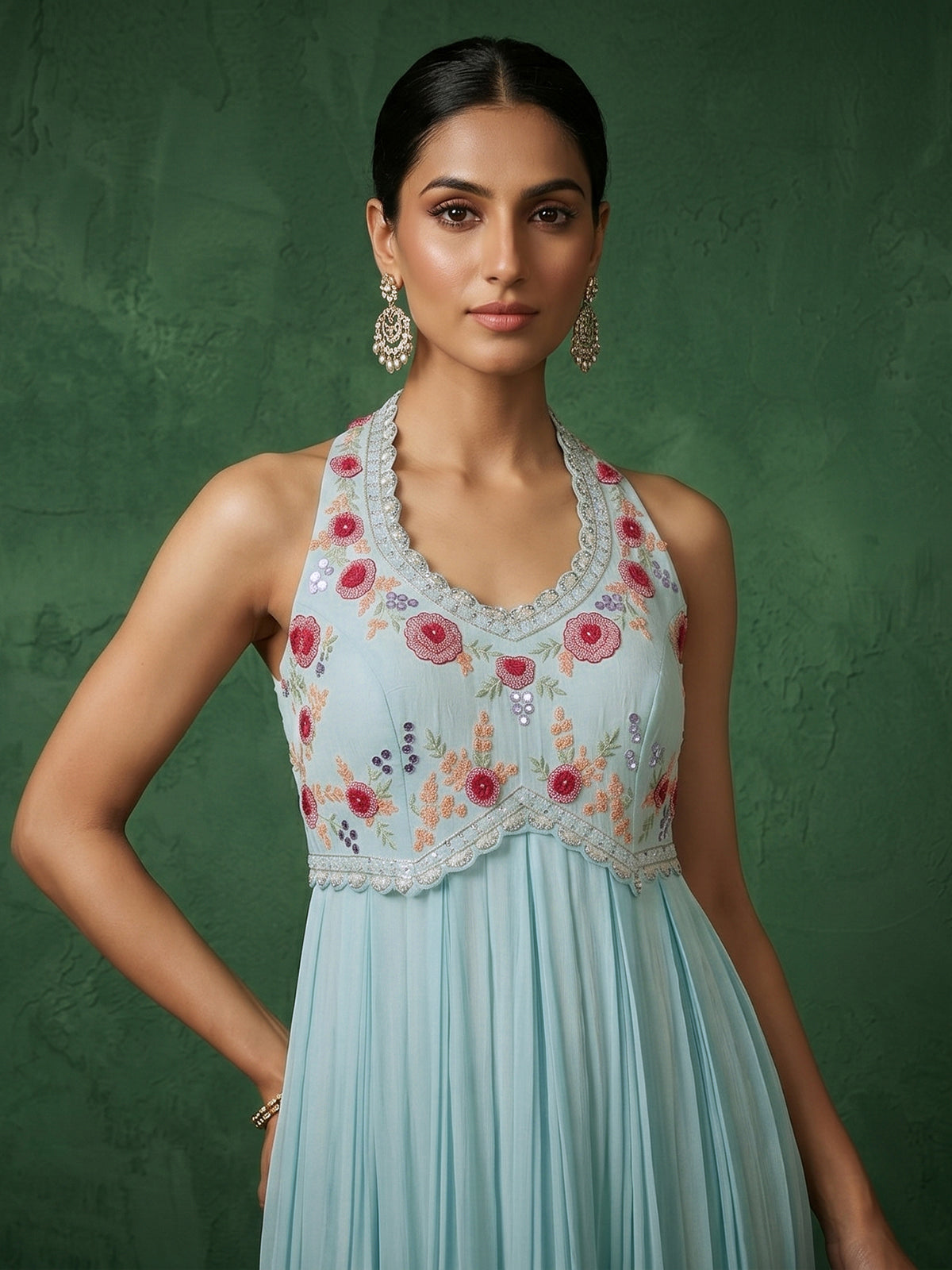 Firozi blue chiffon embroidered Anarkali suit for wedding