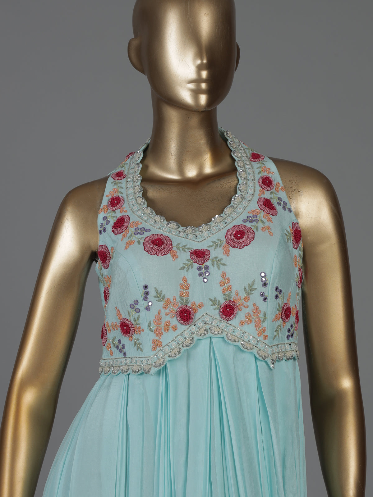 Firozi blue chiffon embroidered Anarkali suit for wedding