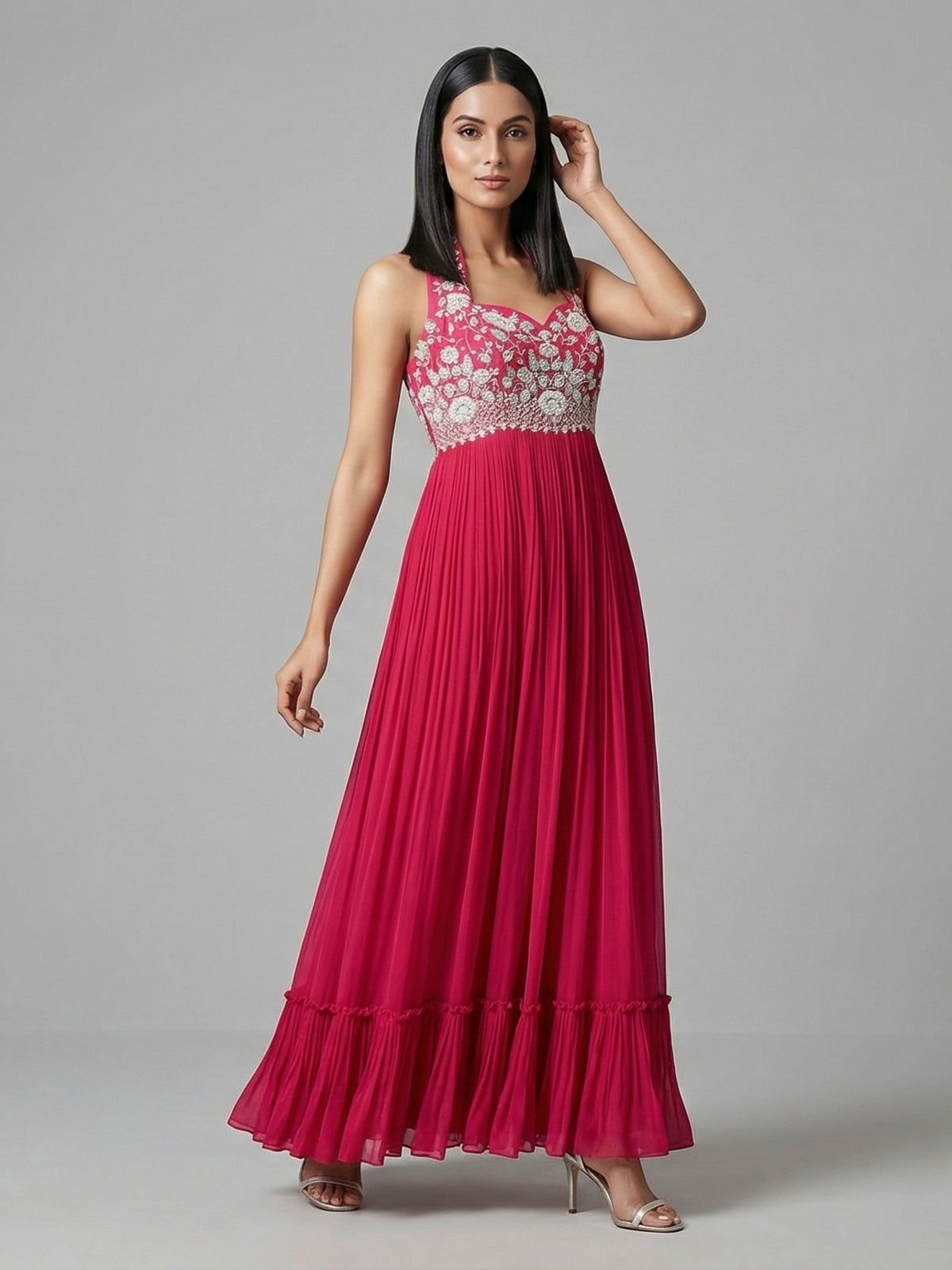 Rani pink georgette designer floor length suit with belt