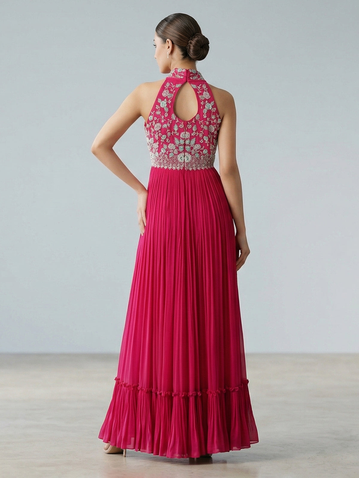 Rani pink georgette designer floor length suit with belt