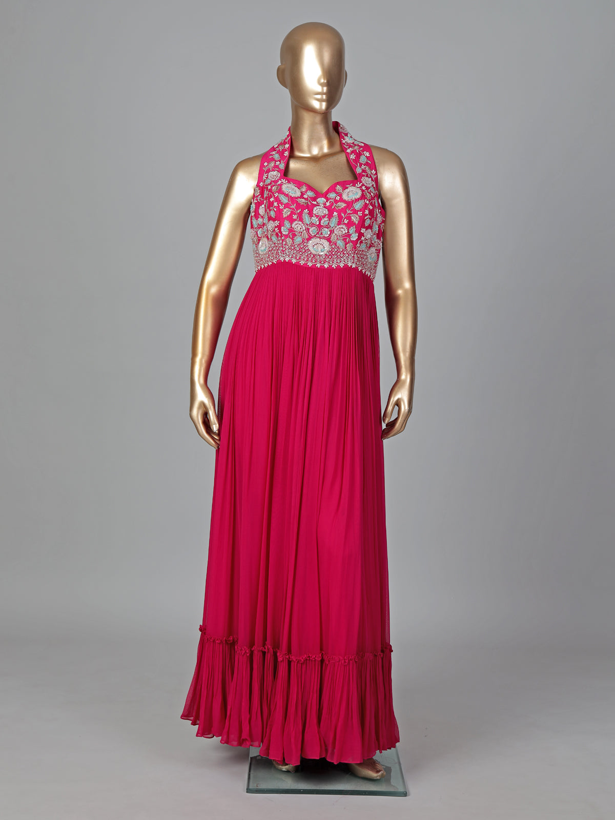 Rani pink georgette designer floor length suit with belt