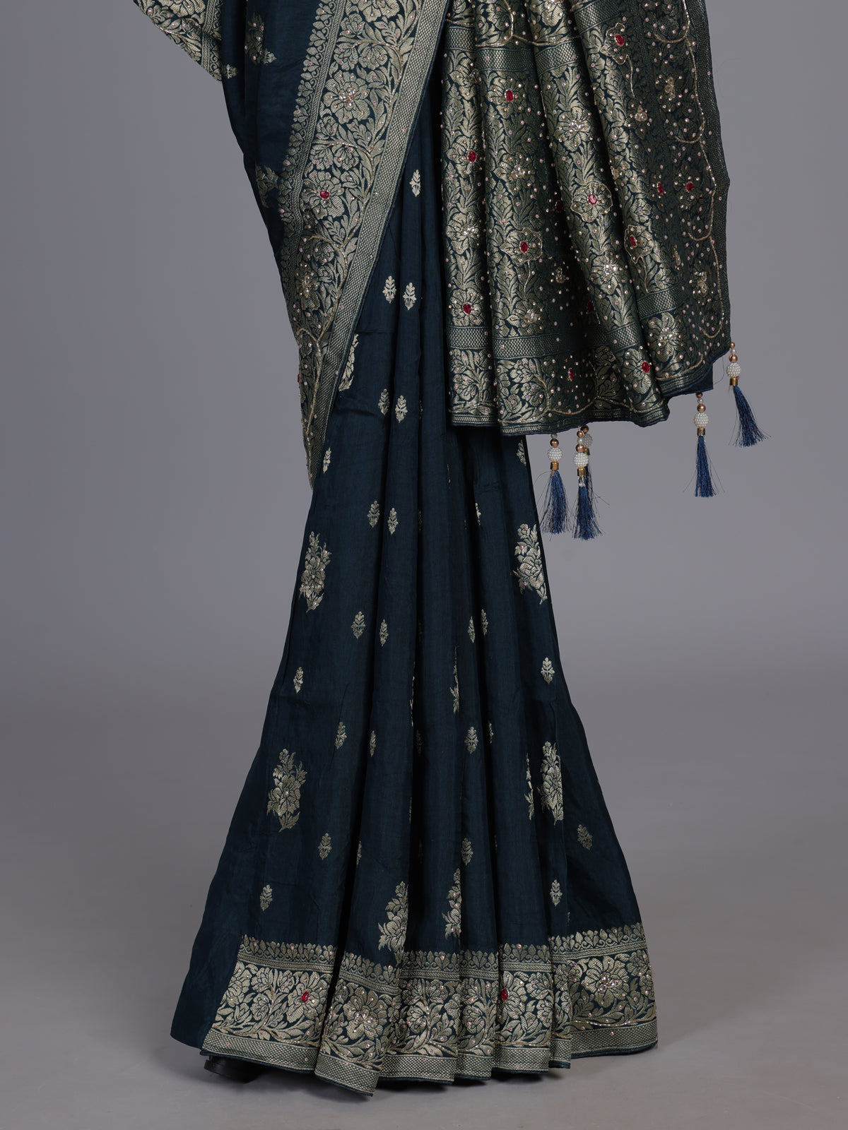 Deep teal blue silk wedding saree