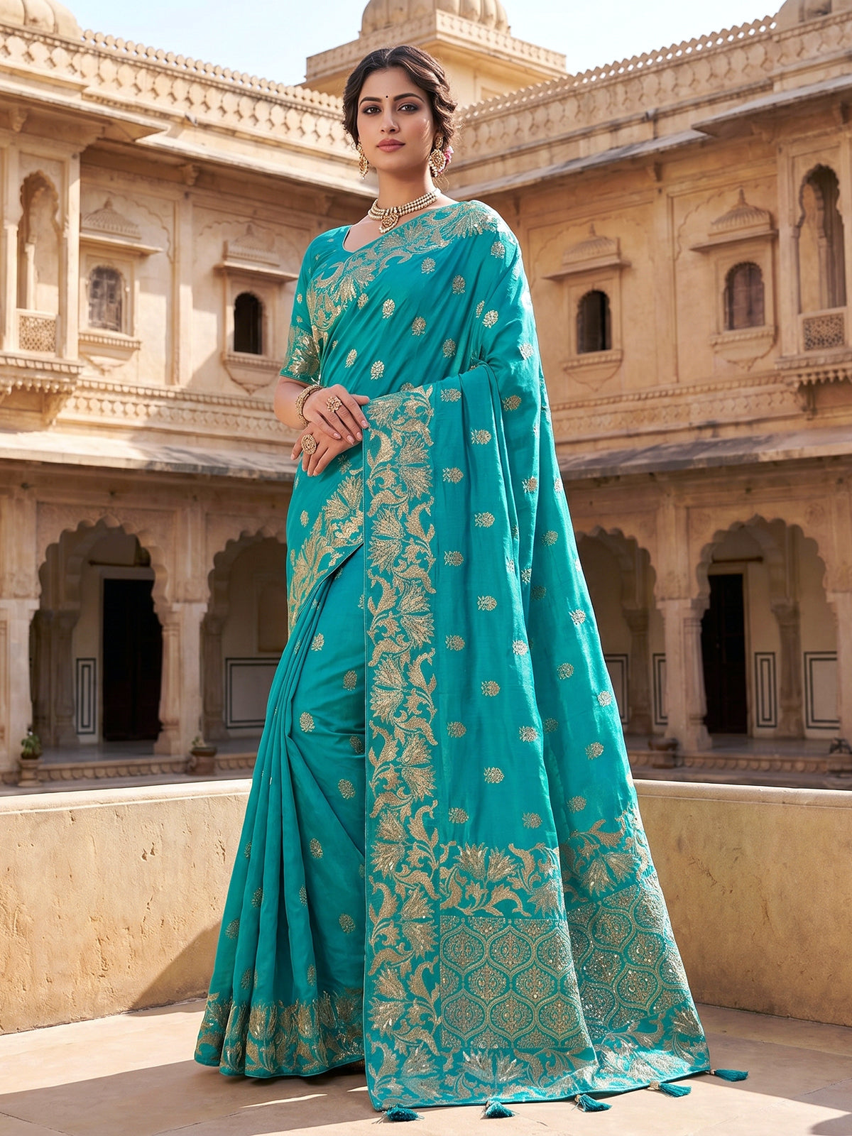 Turquoise blue silk festive saree