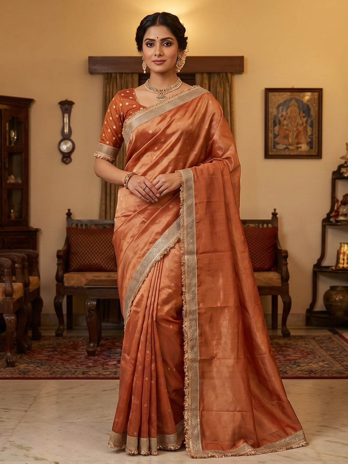 Orange resham embellished celebration wear saree
