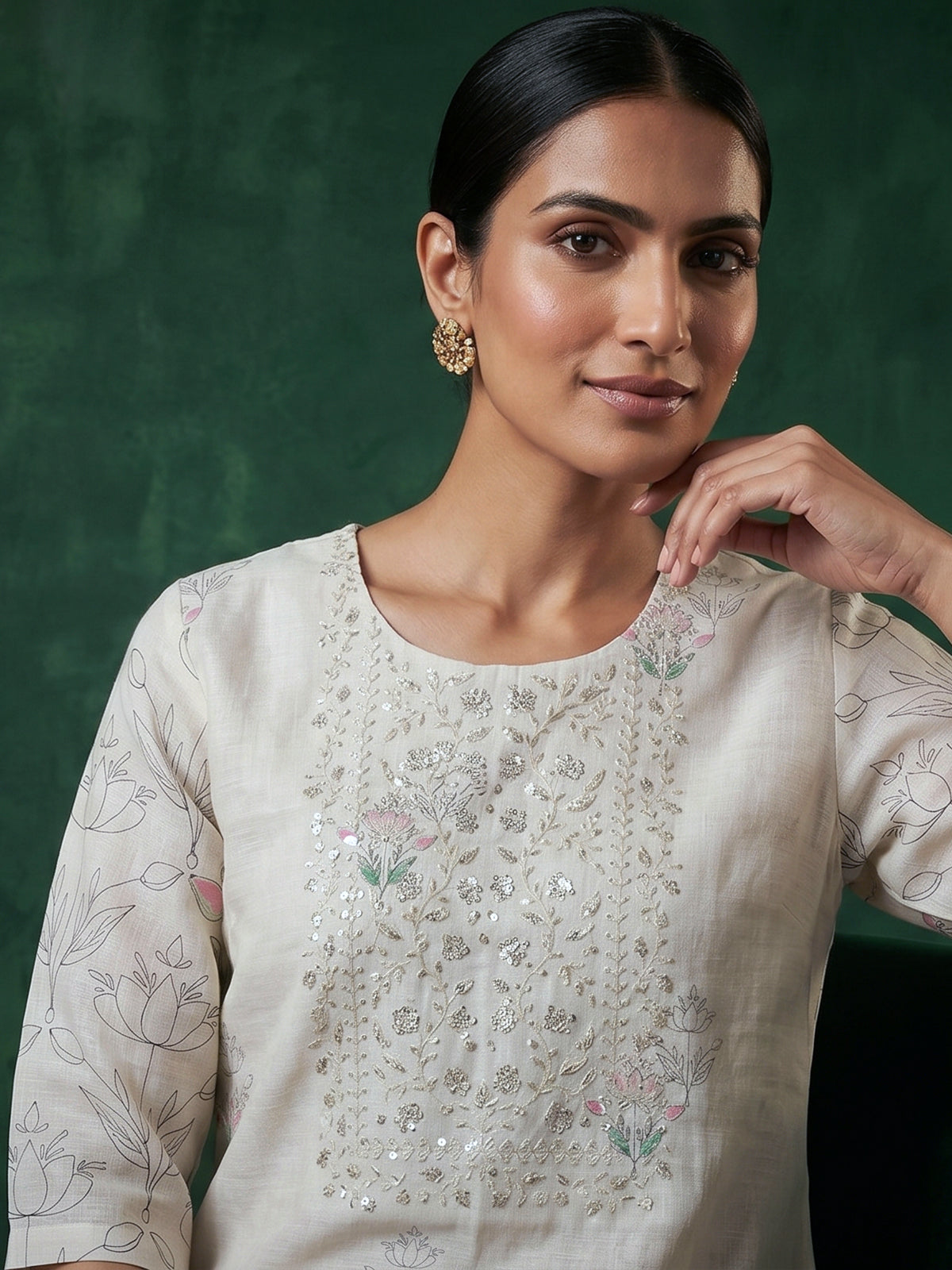 White floral printed elegant linen kurti set