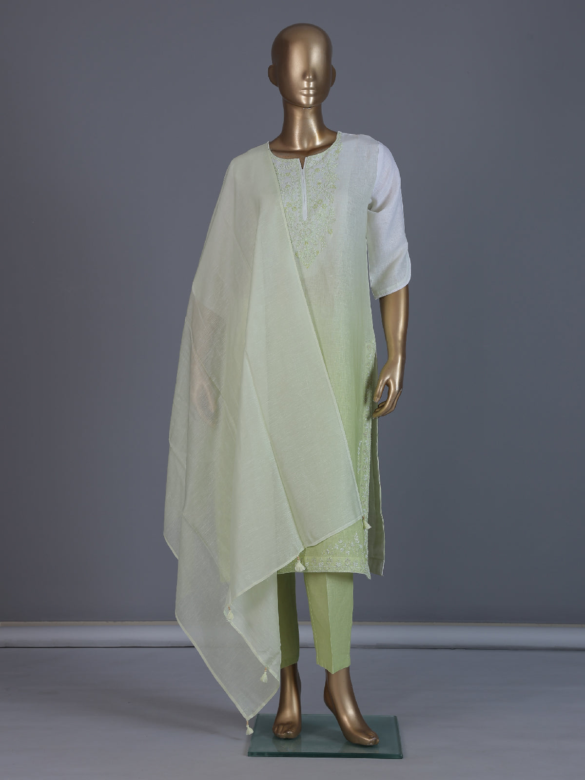 White green shaded beadwork linen kurti with pant