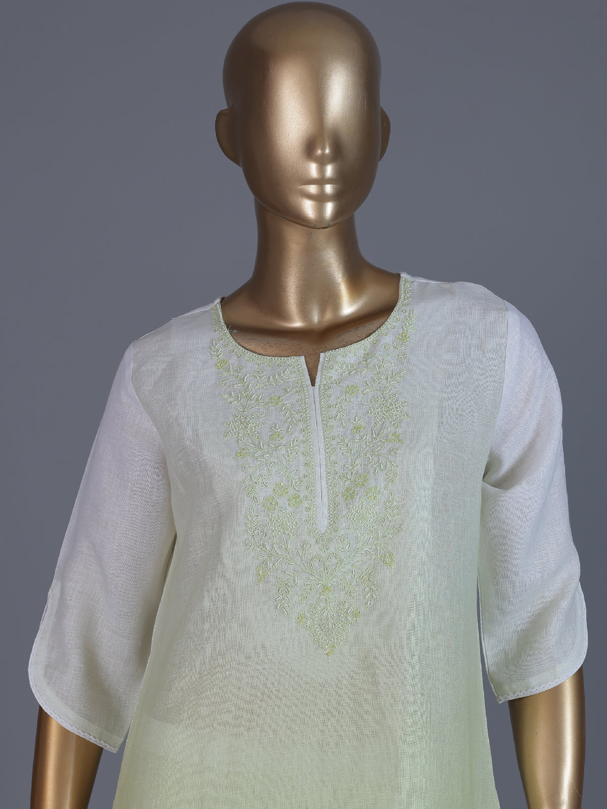 White green shaded beadwork linen kurti with pant