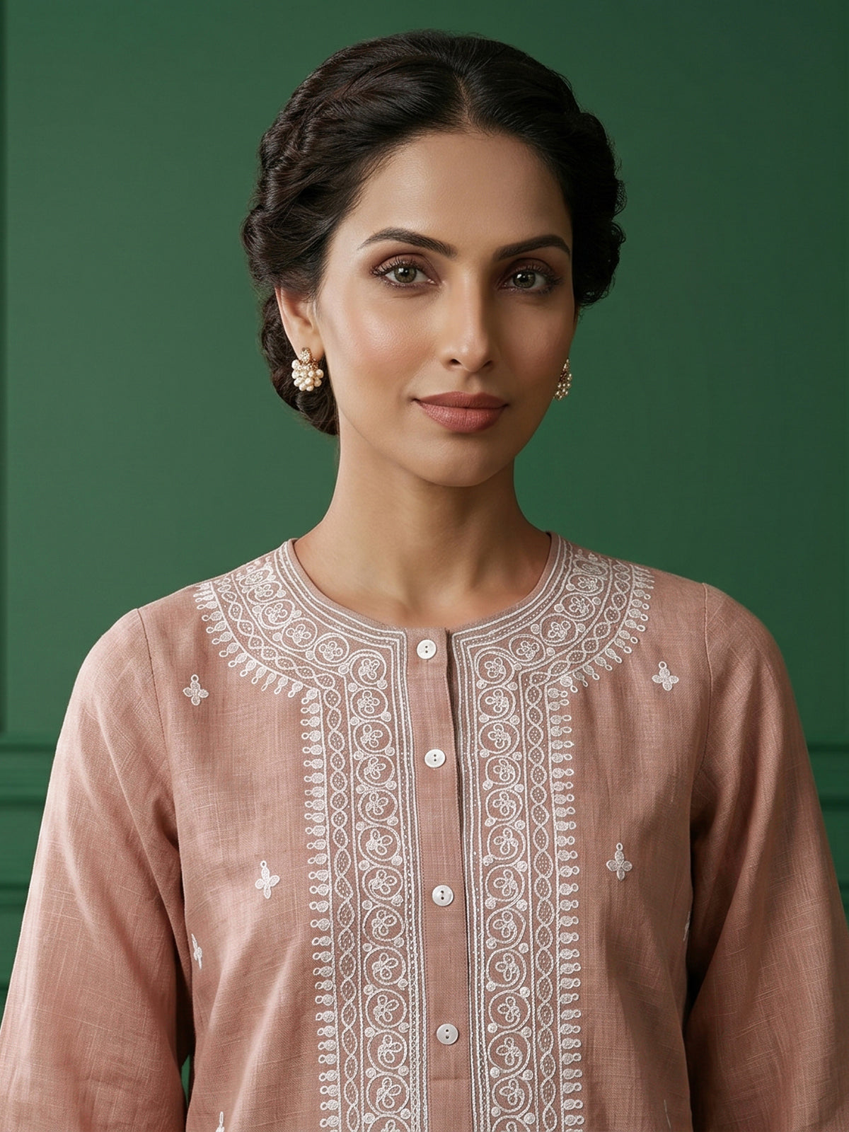 Brown regal embroidered festive linen kurti set