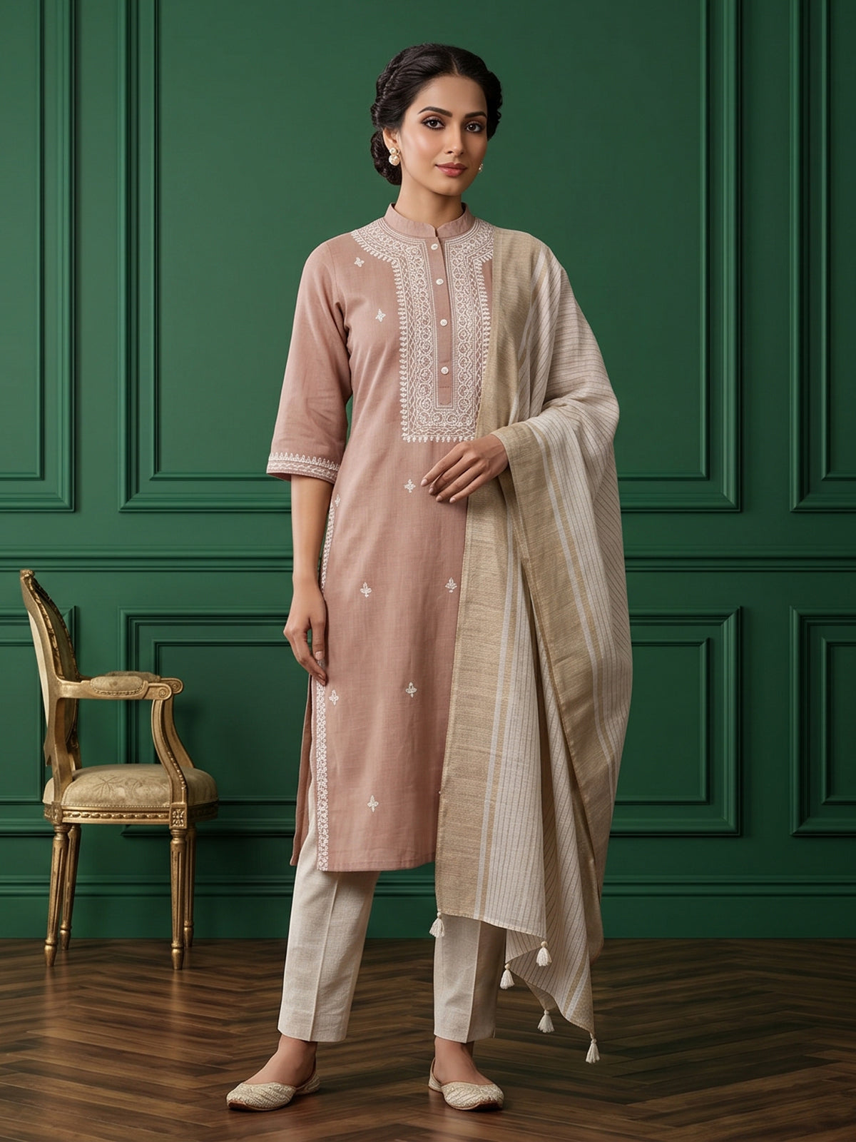 Brown regal embroidered festive linen kurti set