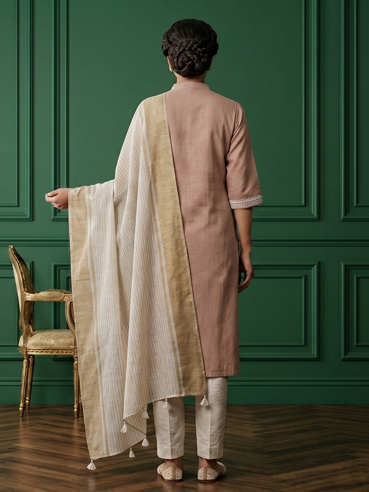 Brown regal embroidered festive linen kurti set