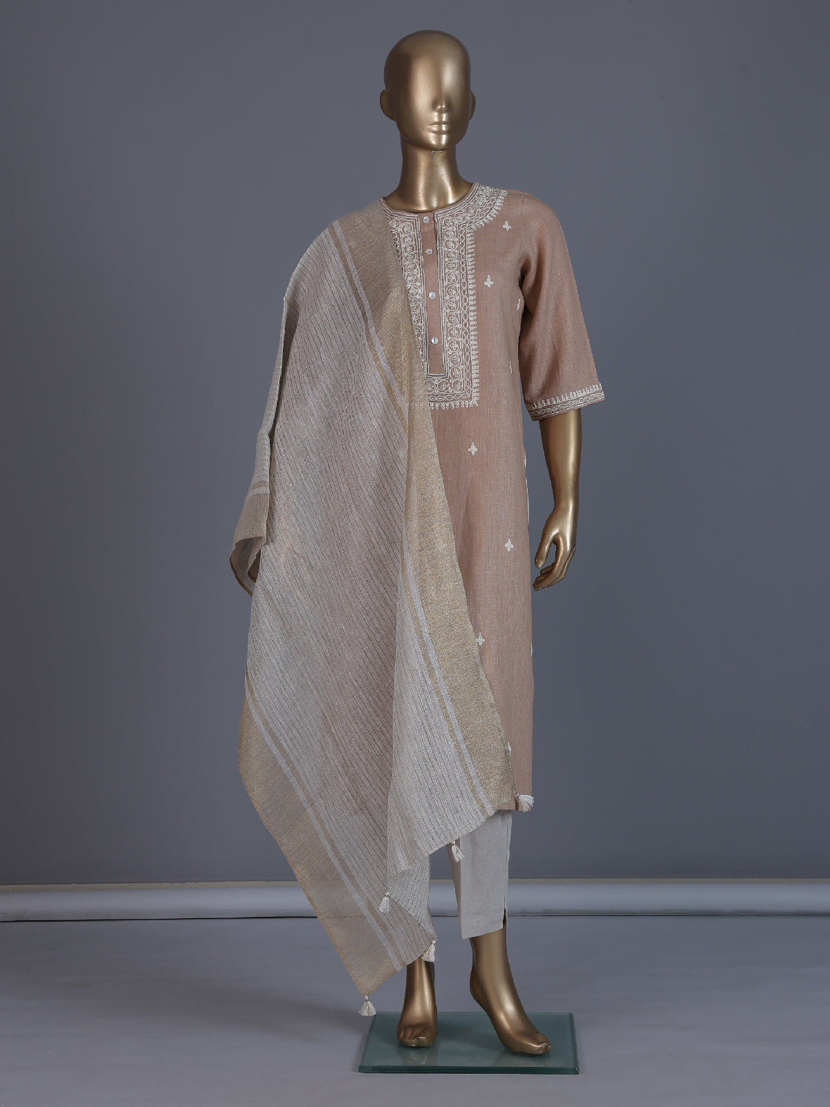 Brown regal embroidered festive linen kurti set