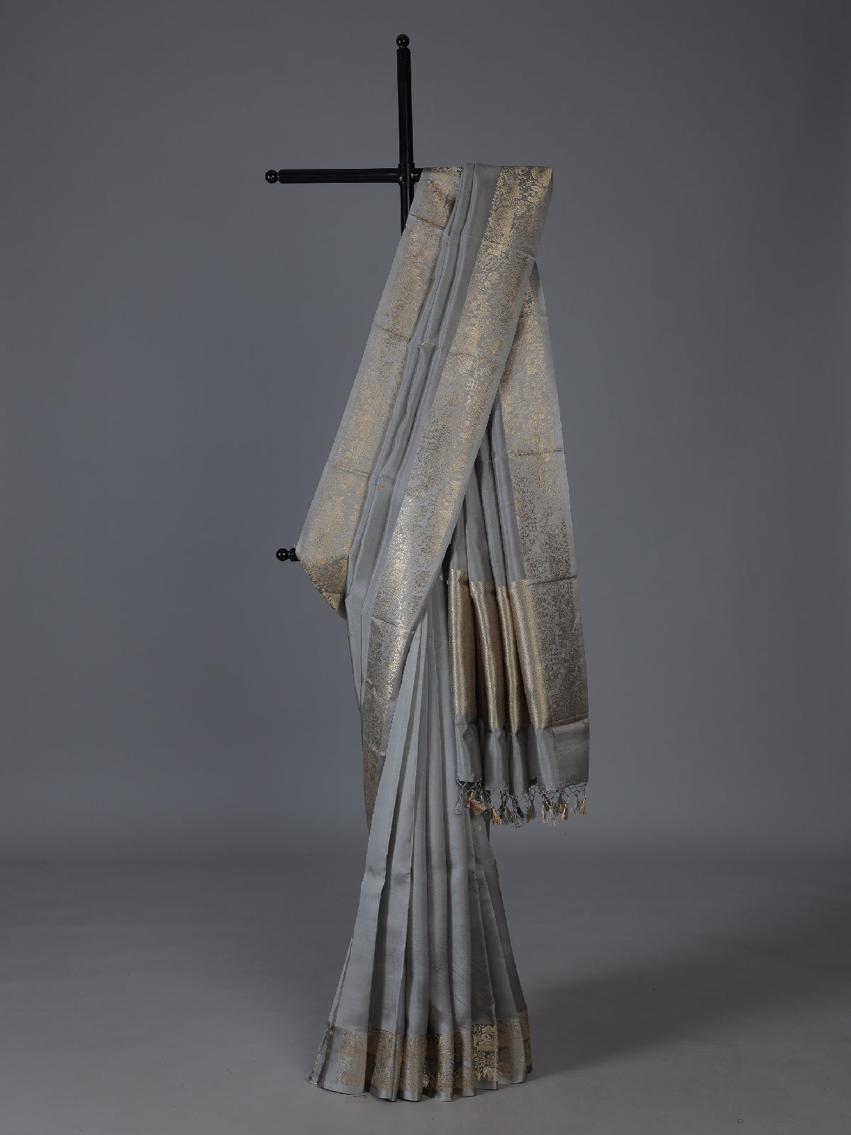 Grey artisanal floral zari raw silk saree