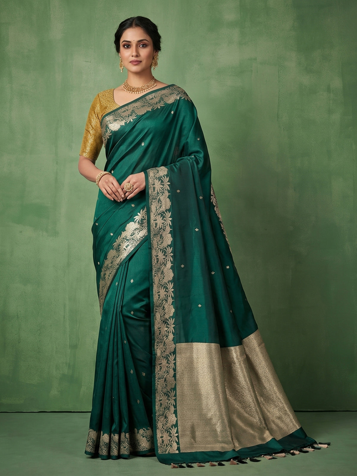 Bottle green floral vine raw silk festive saree