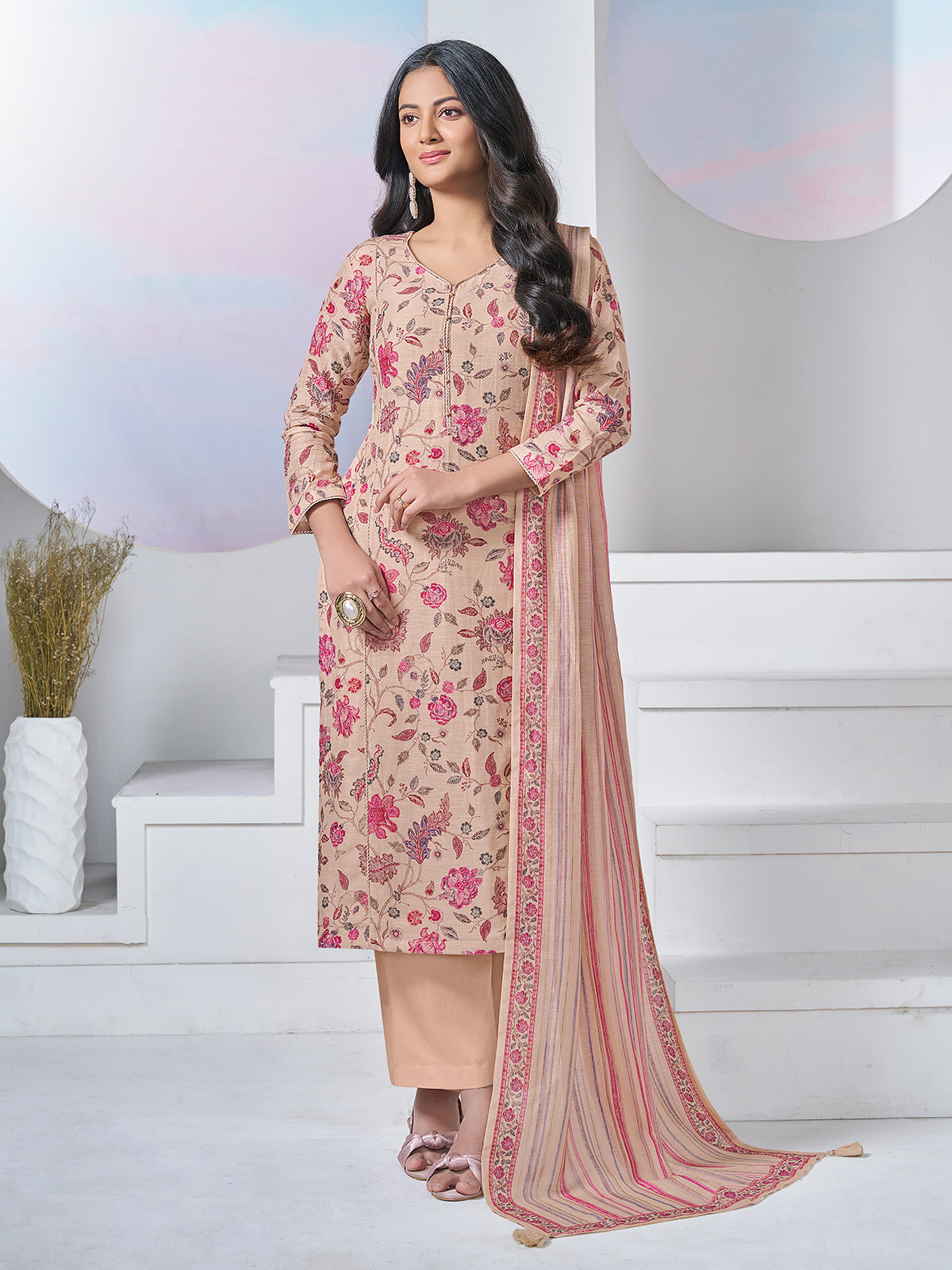 Beige floral vine printed festive kurti set elegance