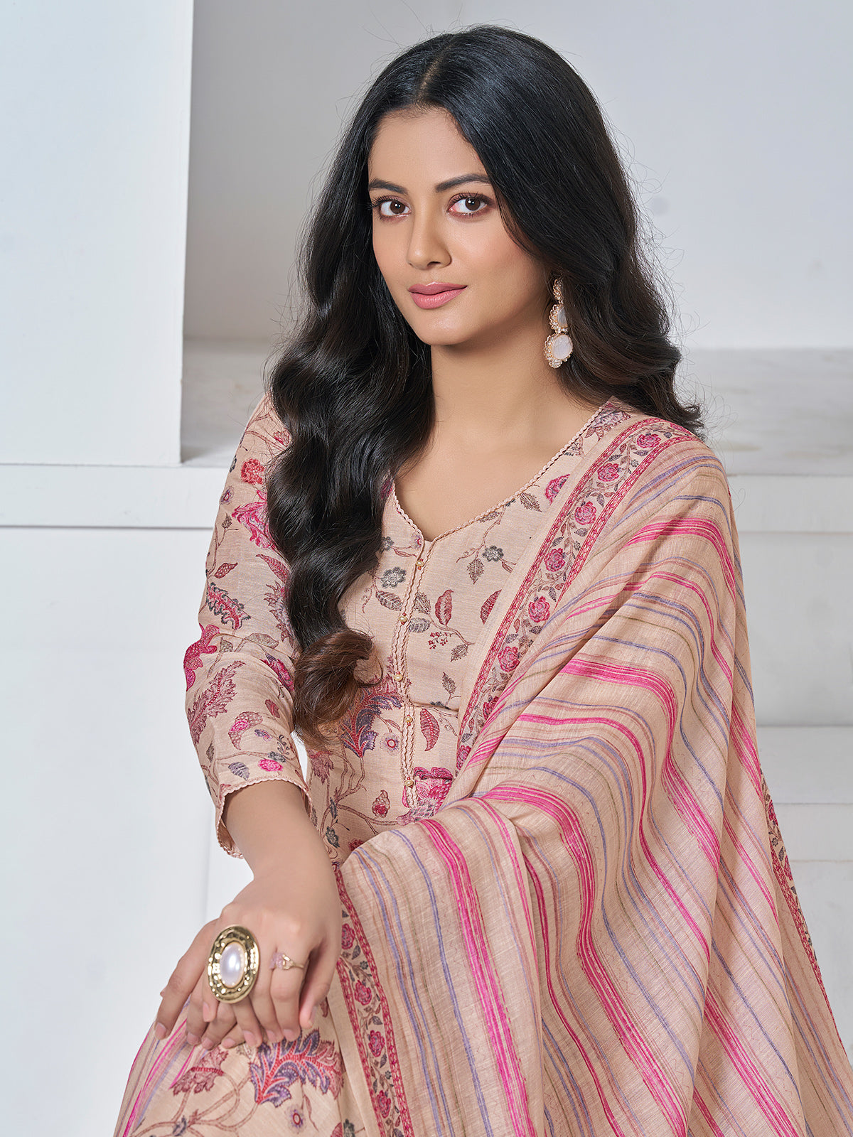 Beige floral vine printed festive kurti set elegance