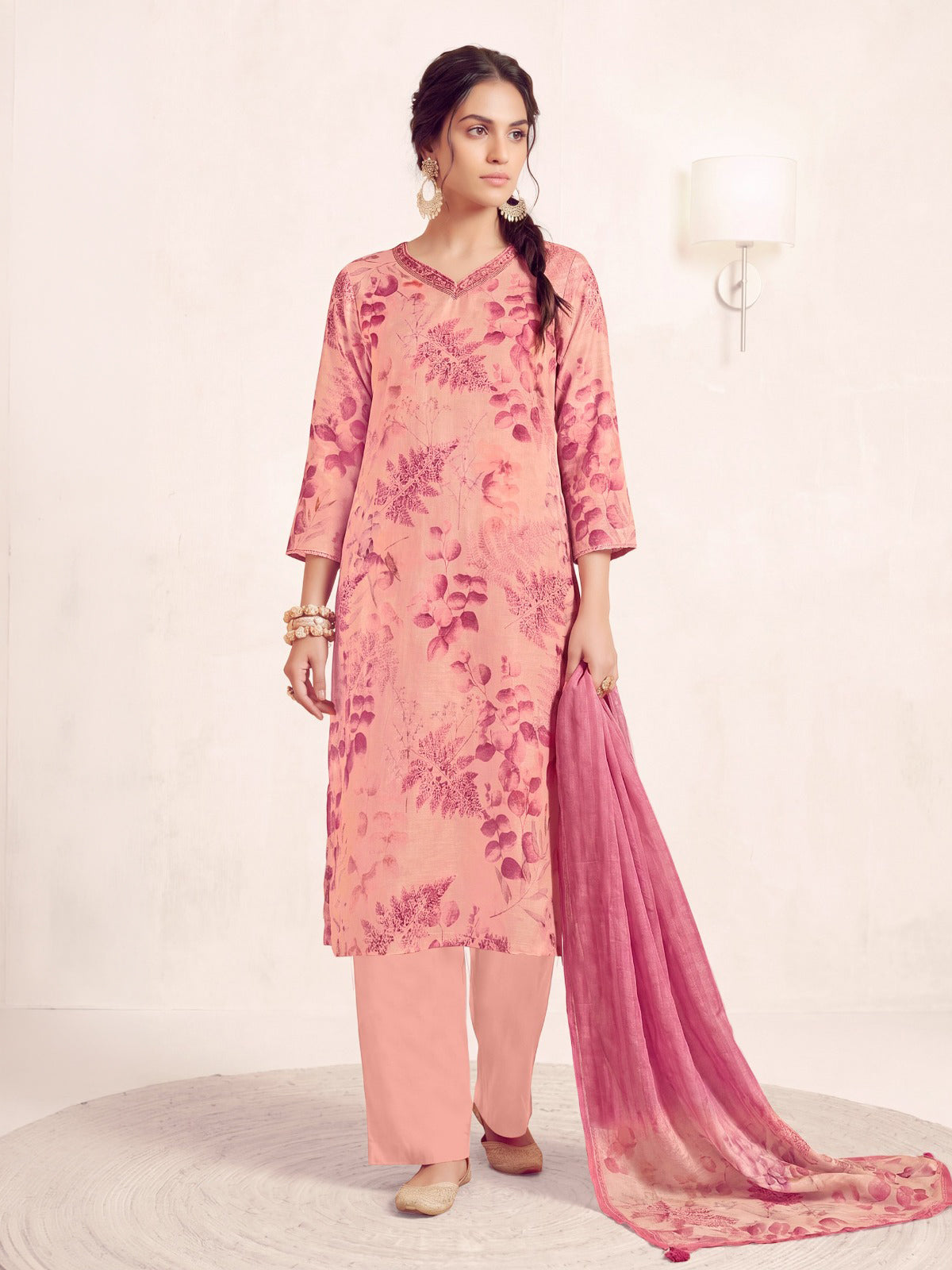 Peach watercolor foliage inspired festive kurti set allure