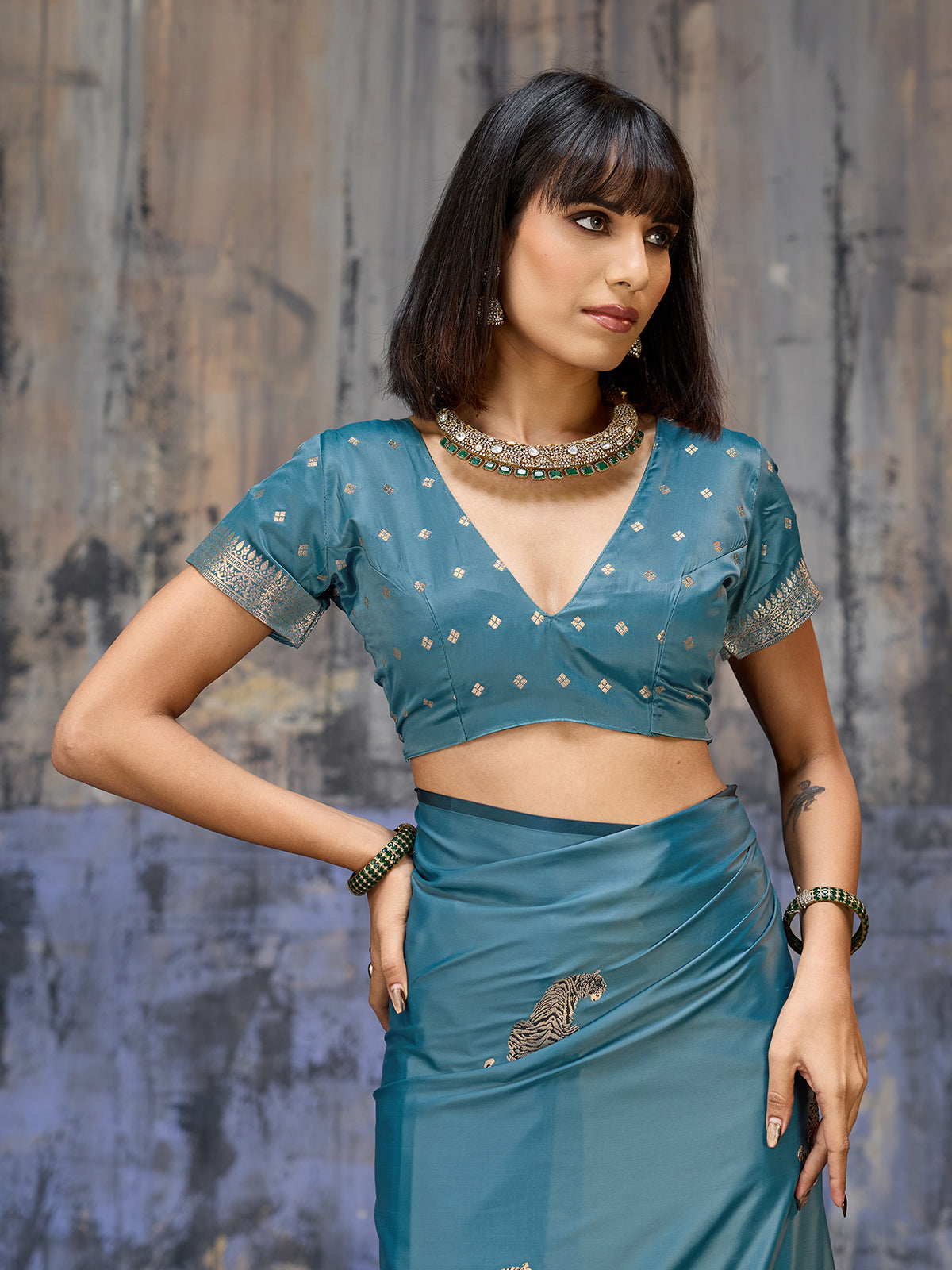 Teal blue royal zari festive saree elegance