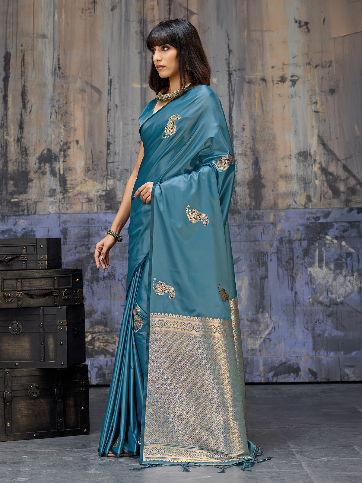 Teal blue royal zari festive saree elegance