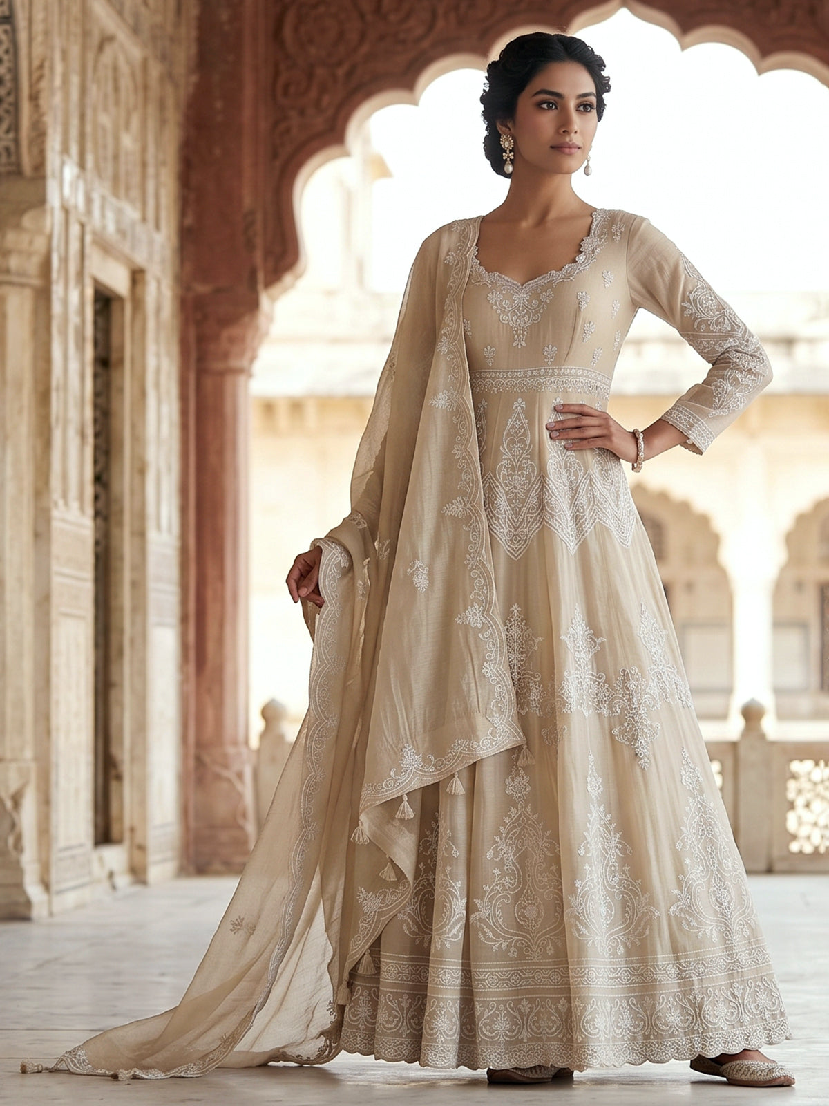 Beige radiant embroidery festive silk salwar suit