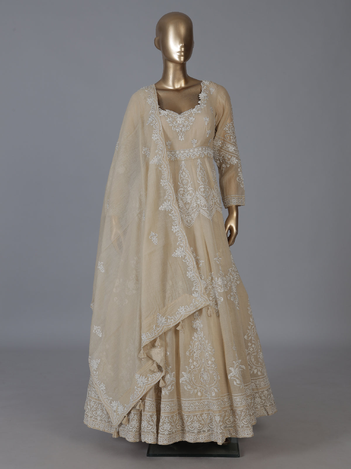 Beige radiant embroidery festive silk salwar suit