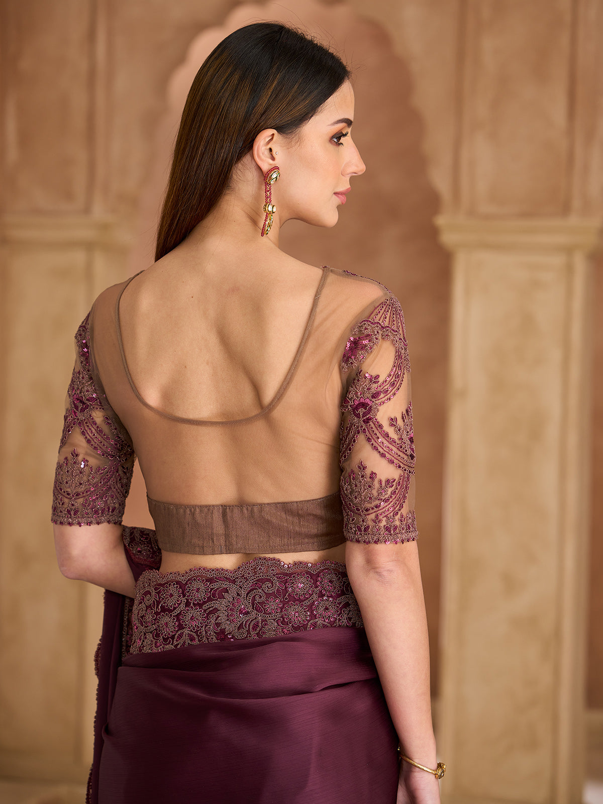 Deep wine artistic embroidered silk satin saree