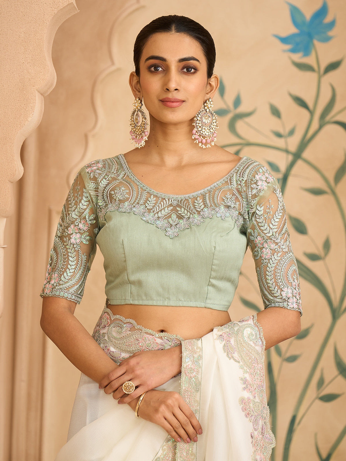 White elegant embroidered silk georgette saree allure