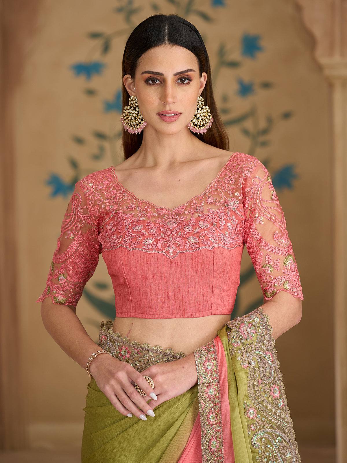 Green shaded regal chiffon wedding saree glamour