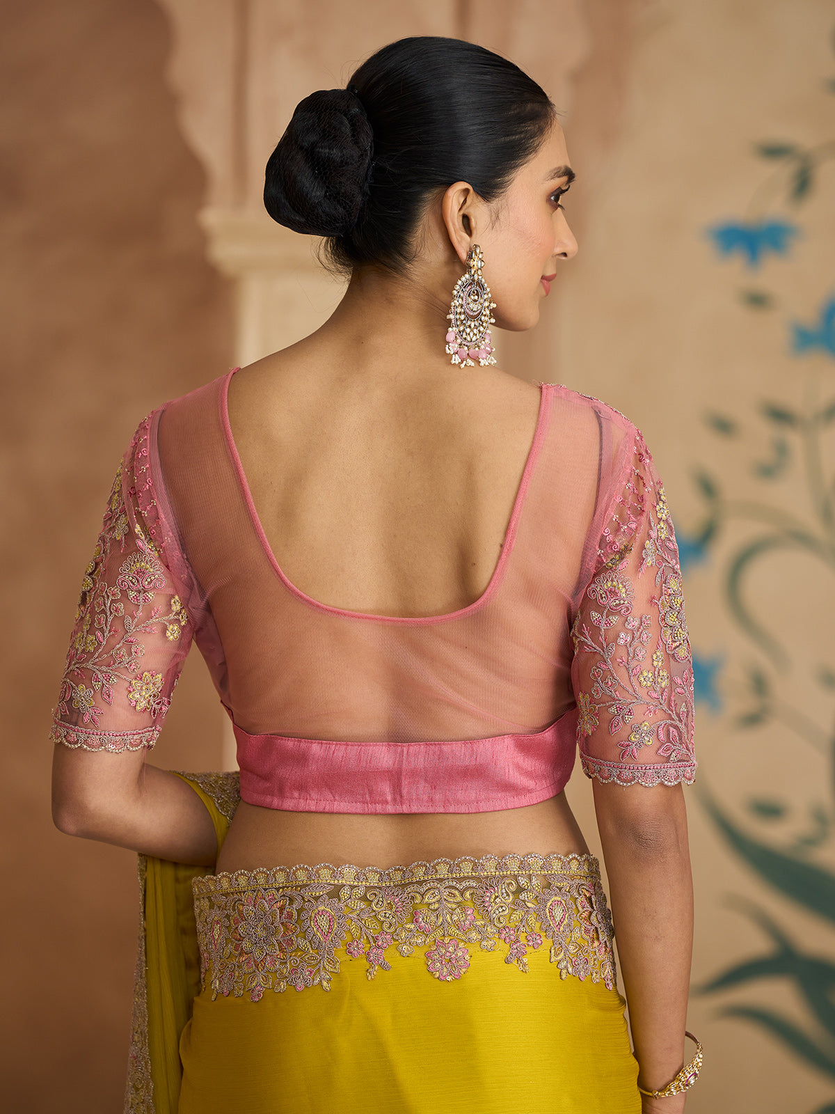 Gold radiant zardosi festive chiffon saree glamour