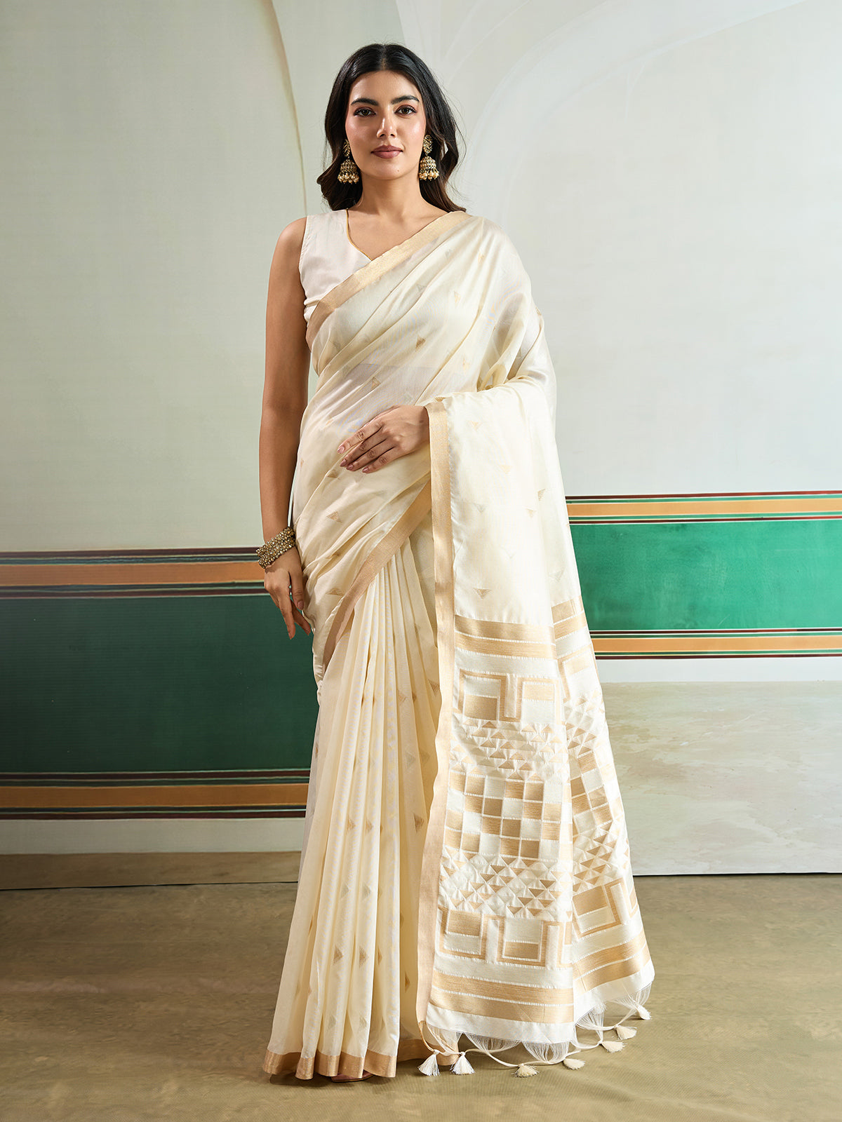 Off white timeless woven festive saree sophistication