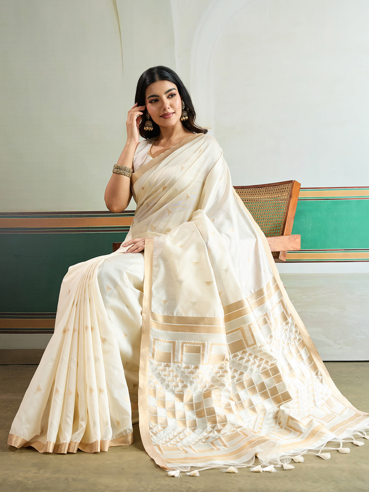 Off white timeless woven festive saree sophistication