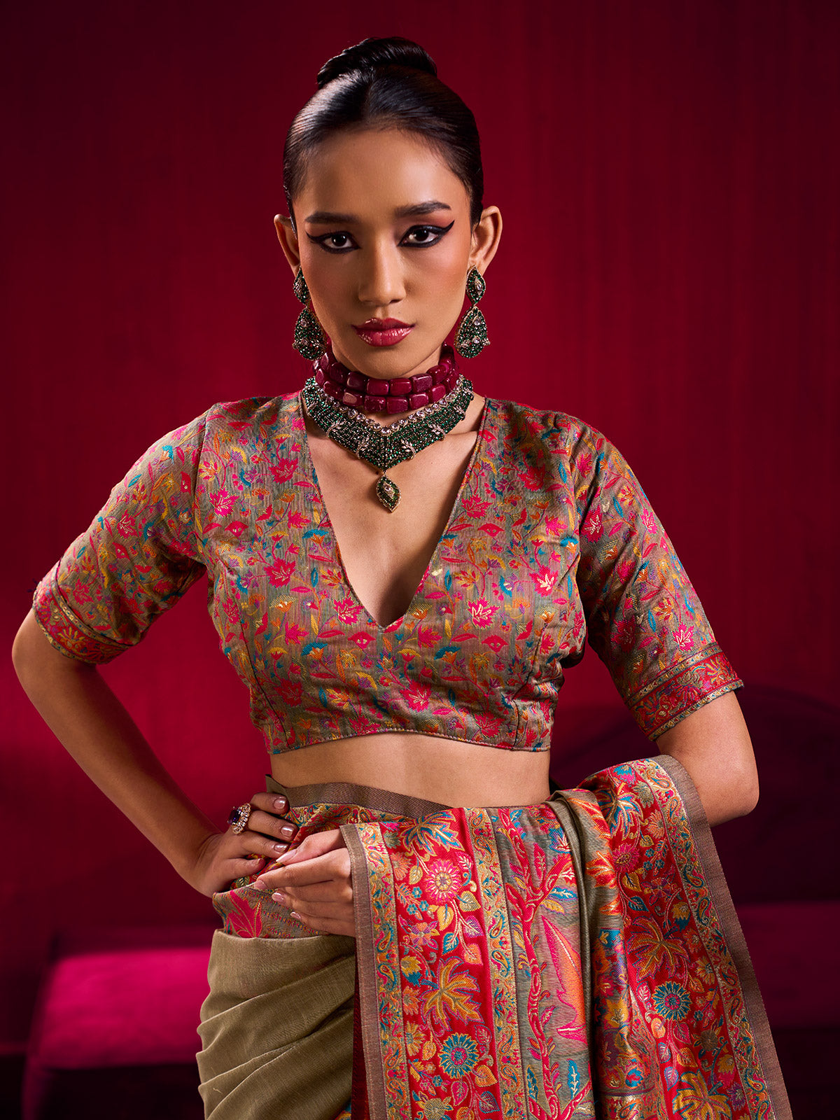 Light brown heritage weave festive saree elegance