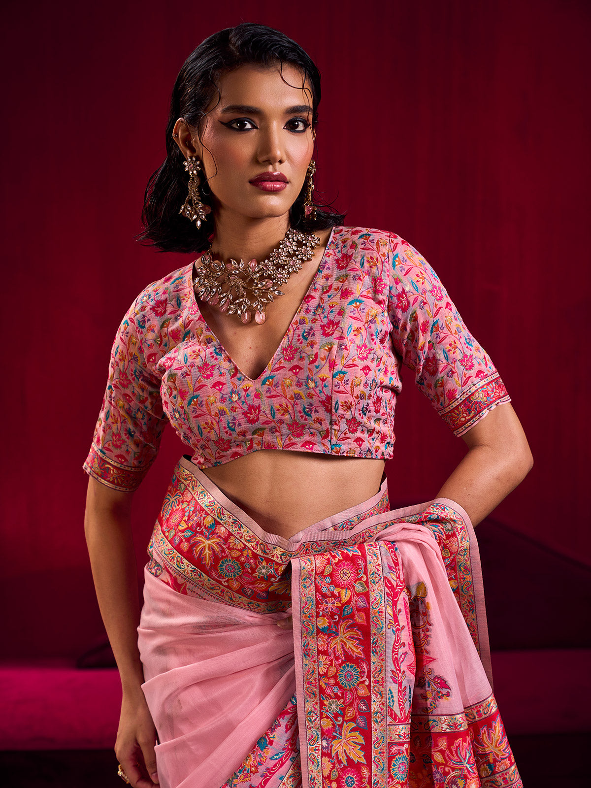 Pink artistic floral weave festive saree charm