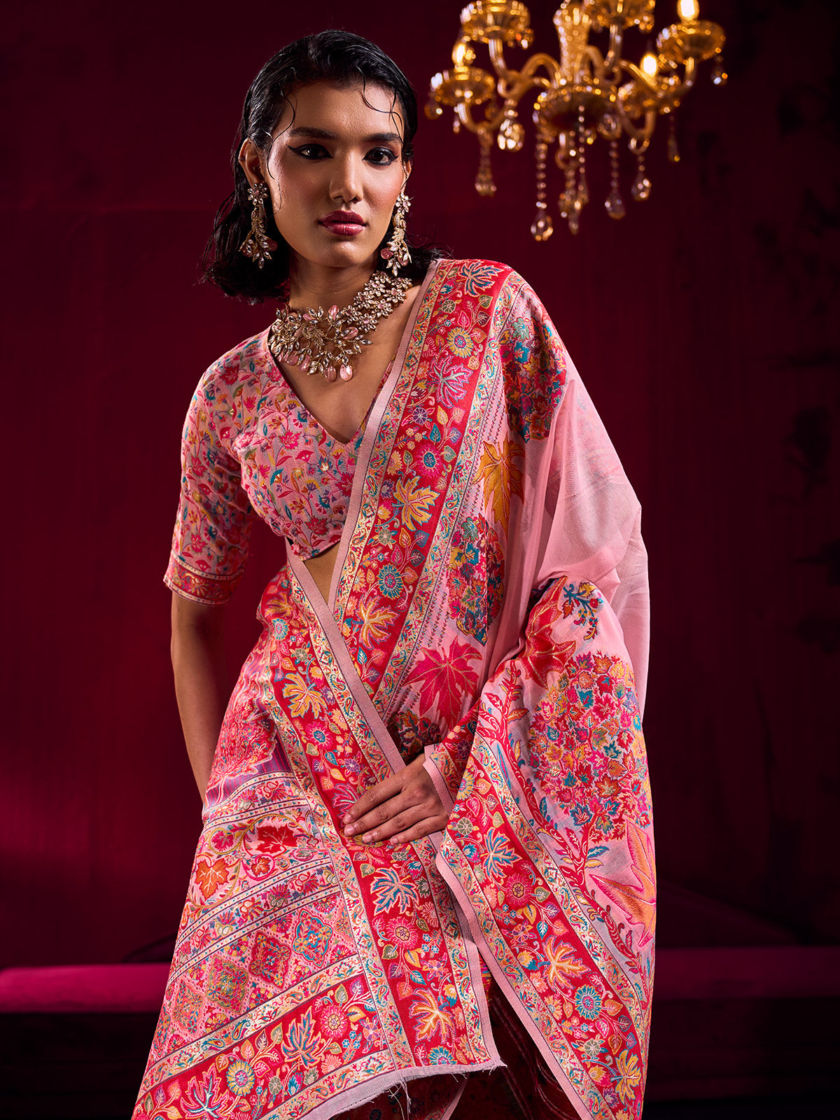 Pink artistic floral weave festive saree charm
