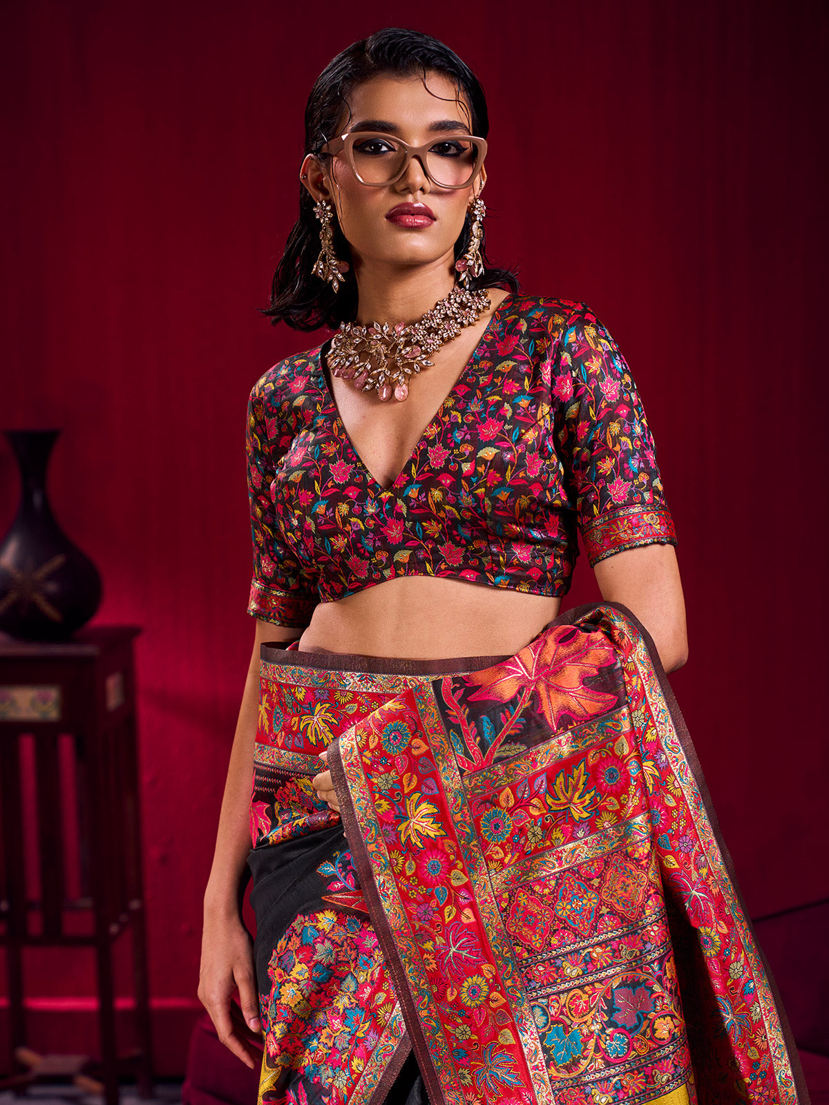 Black royal multicolor woven saree statement beauty