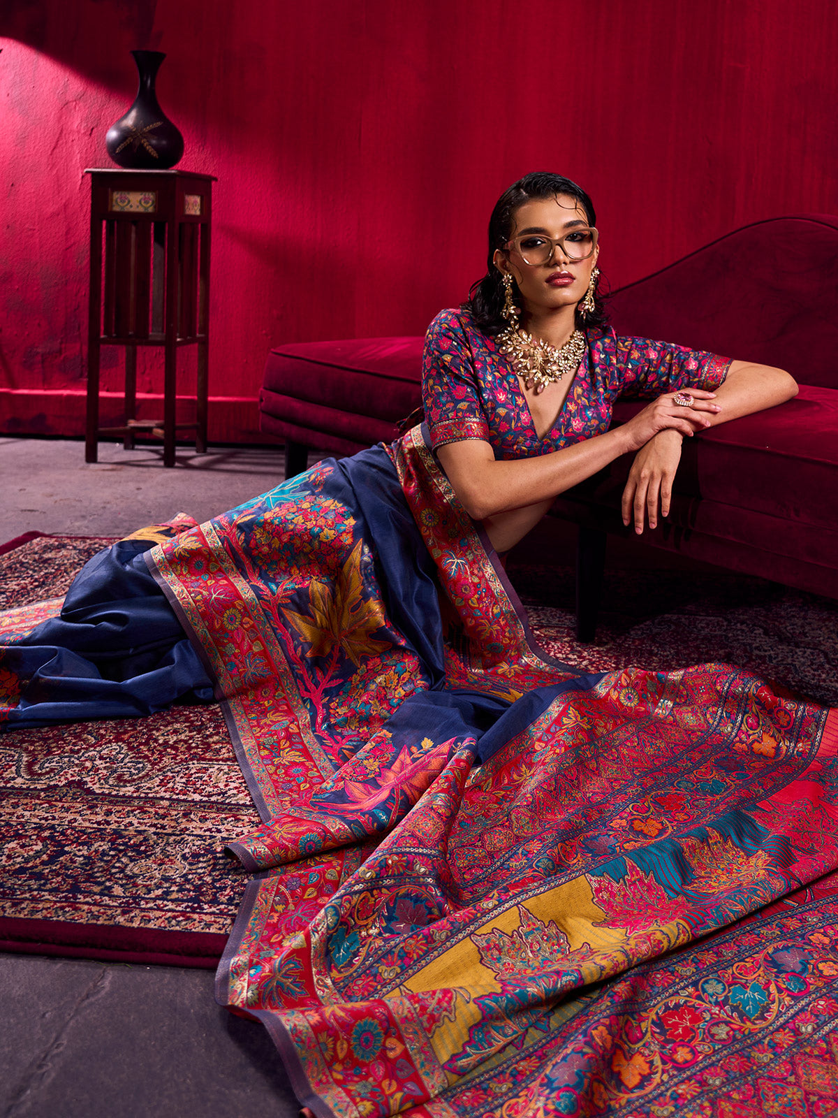 Blue luxurious woven heritage saree festive splendor