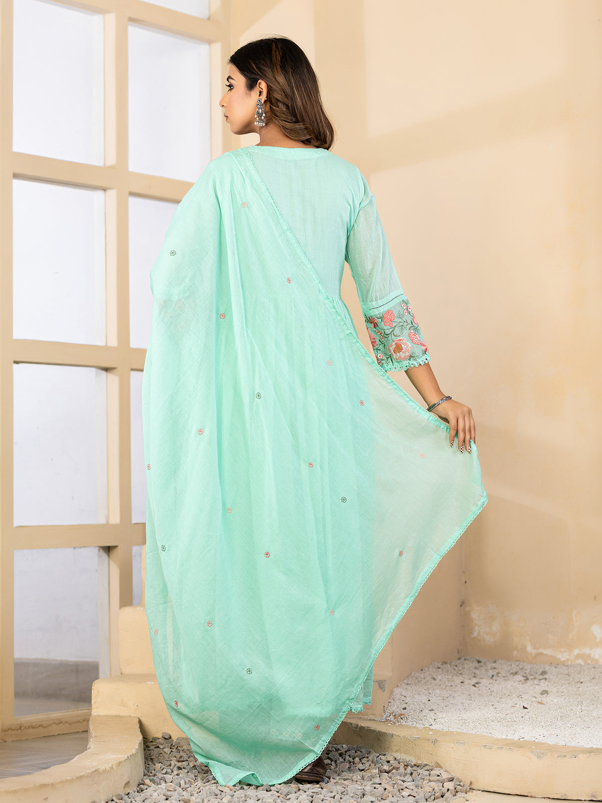 Mint green floral bloom anarkali kurti set