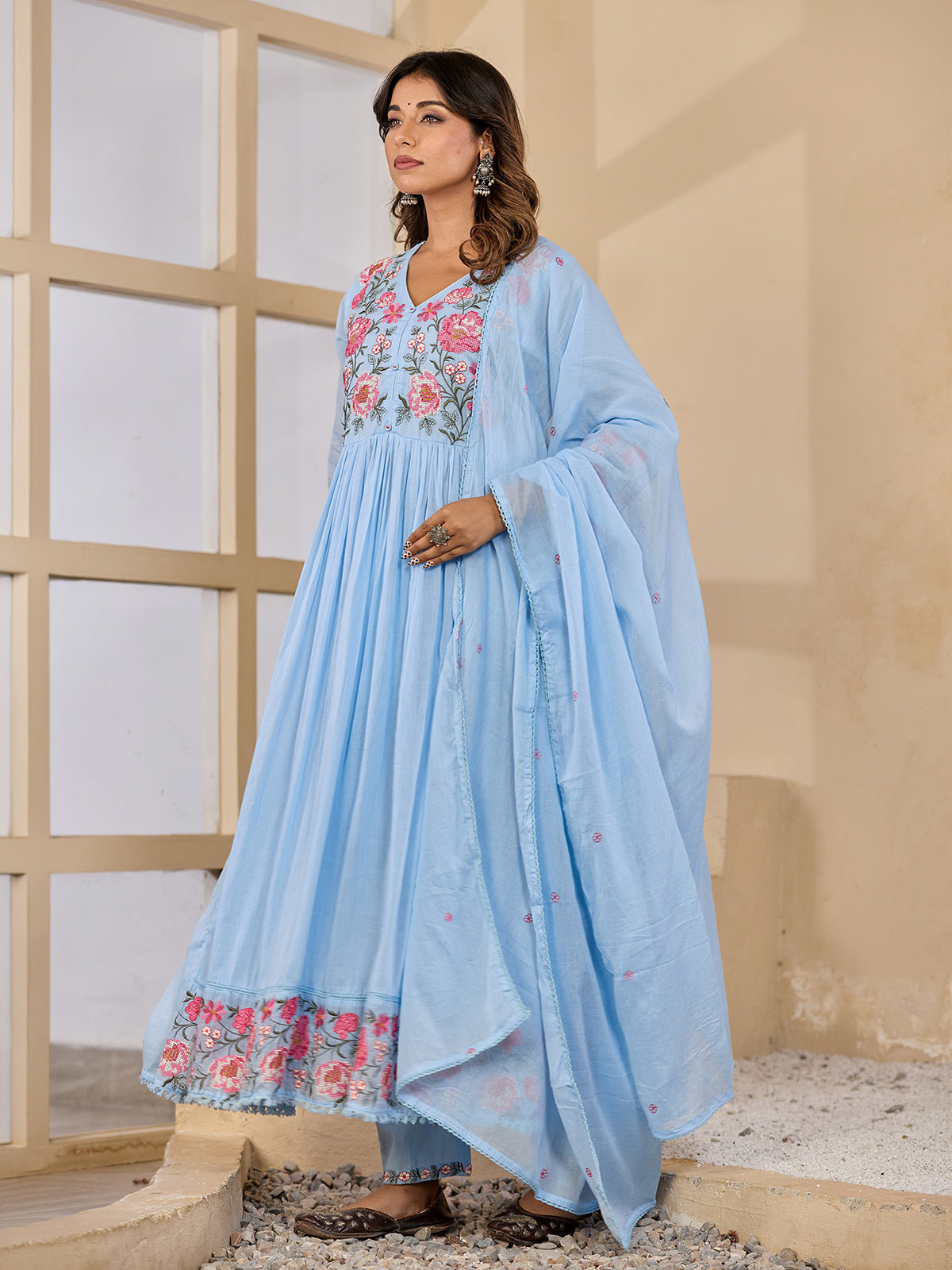 Blue embroidered garden charm anarkali kurti set