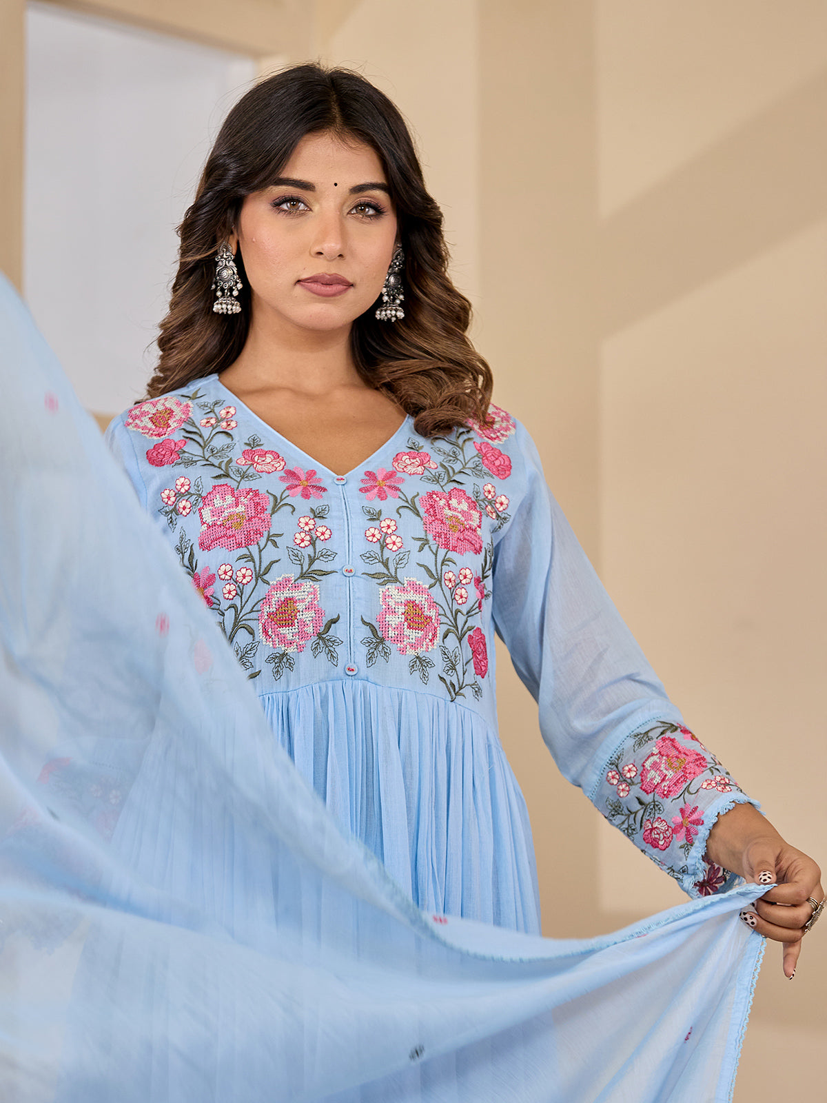 Blue embroidered garden charm anarkali kurti set