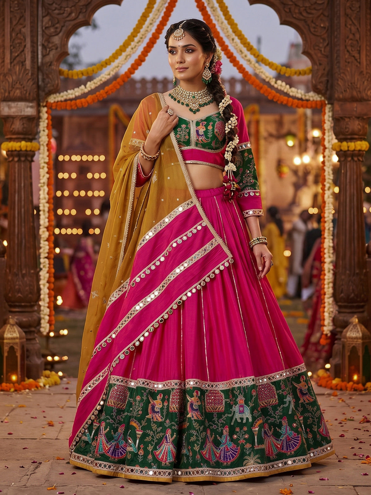 Rani pink mirror adorned festive lehenga grandeur