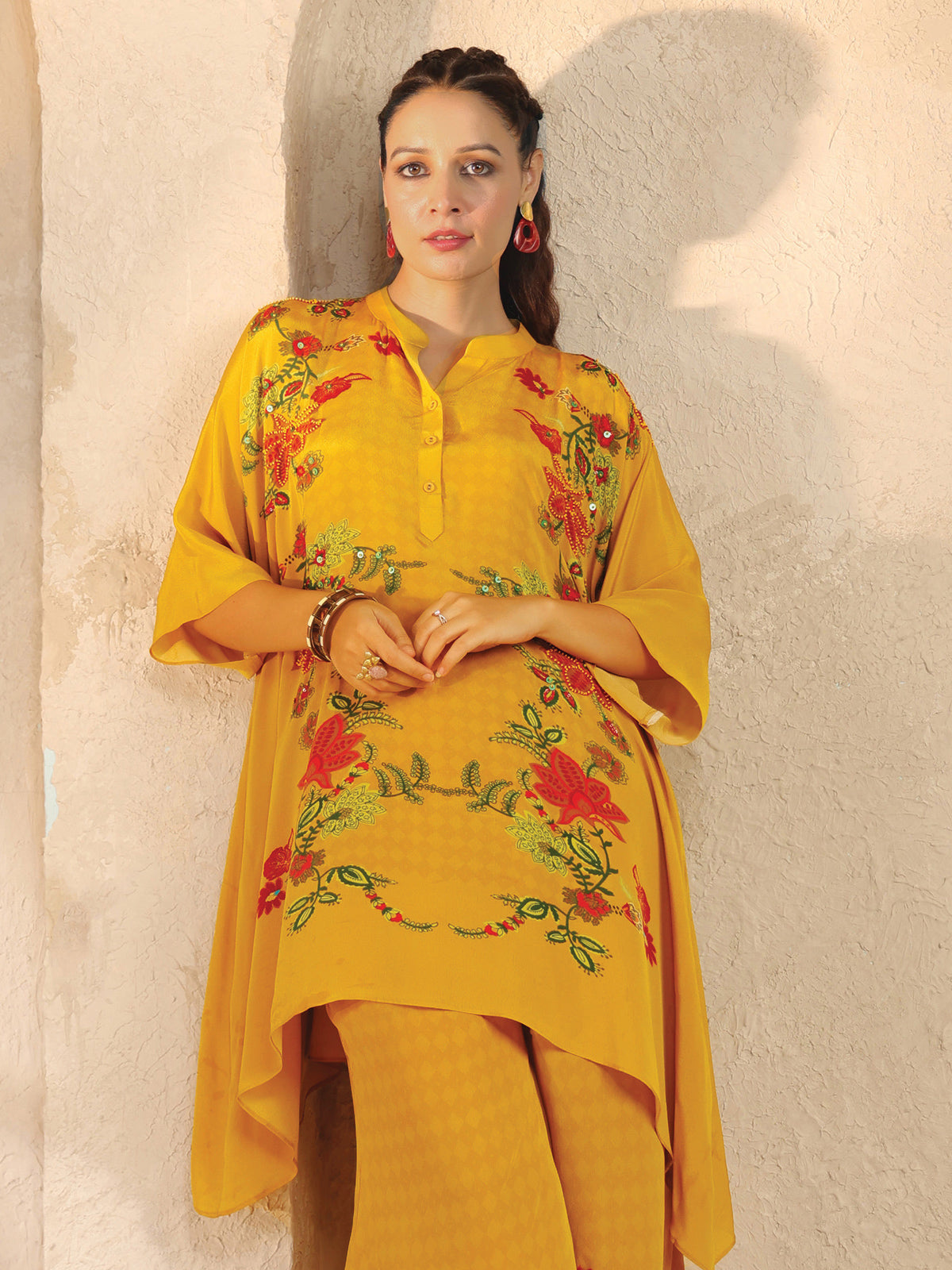 Yellow printed silk palazzo co ord set for women