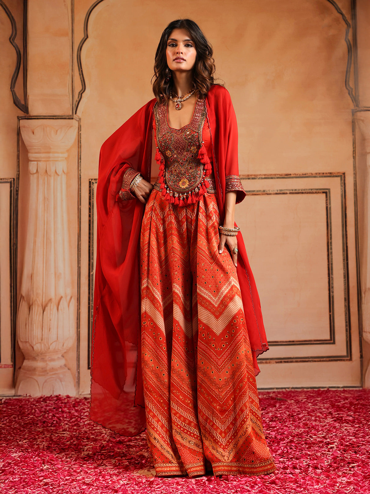 Red printed palazzo suit with shrug for wedding