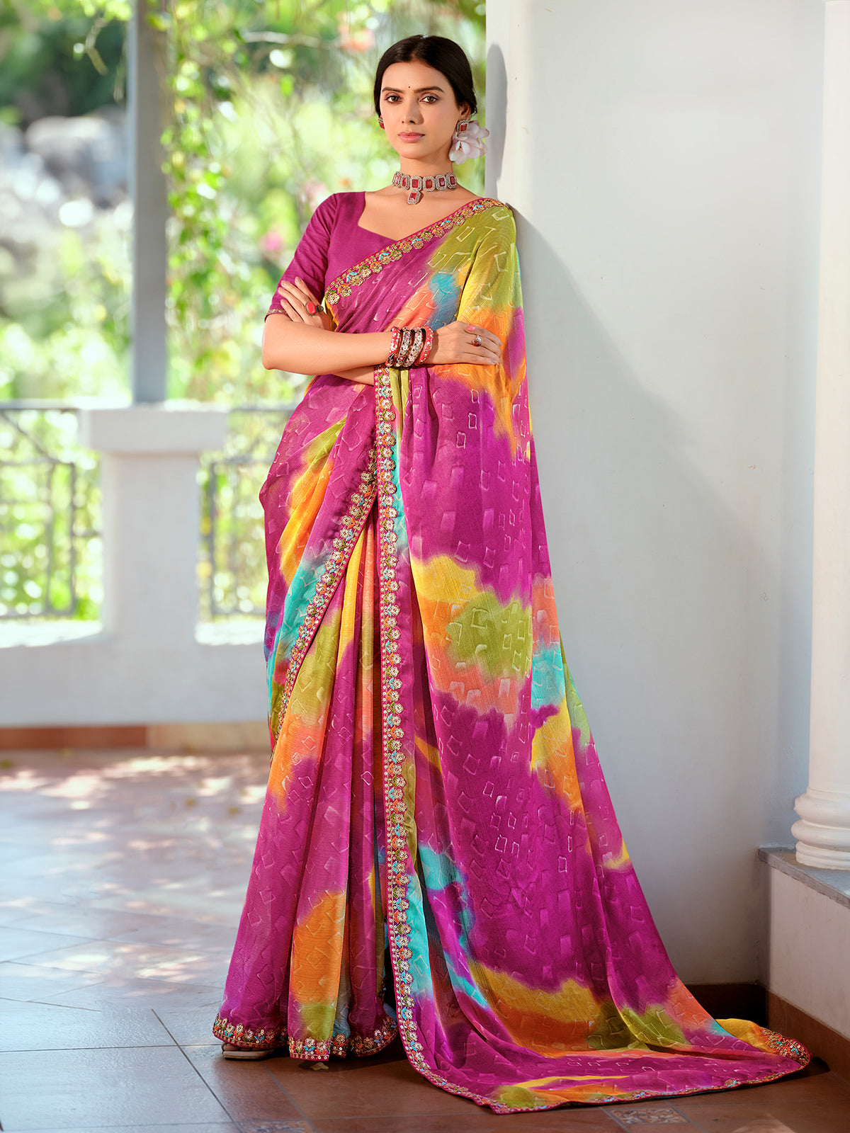 Multicolor georgette silk festive saree with digital print