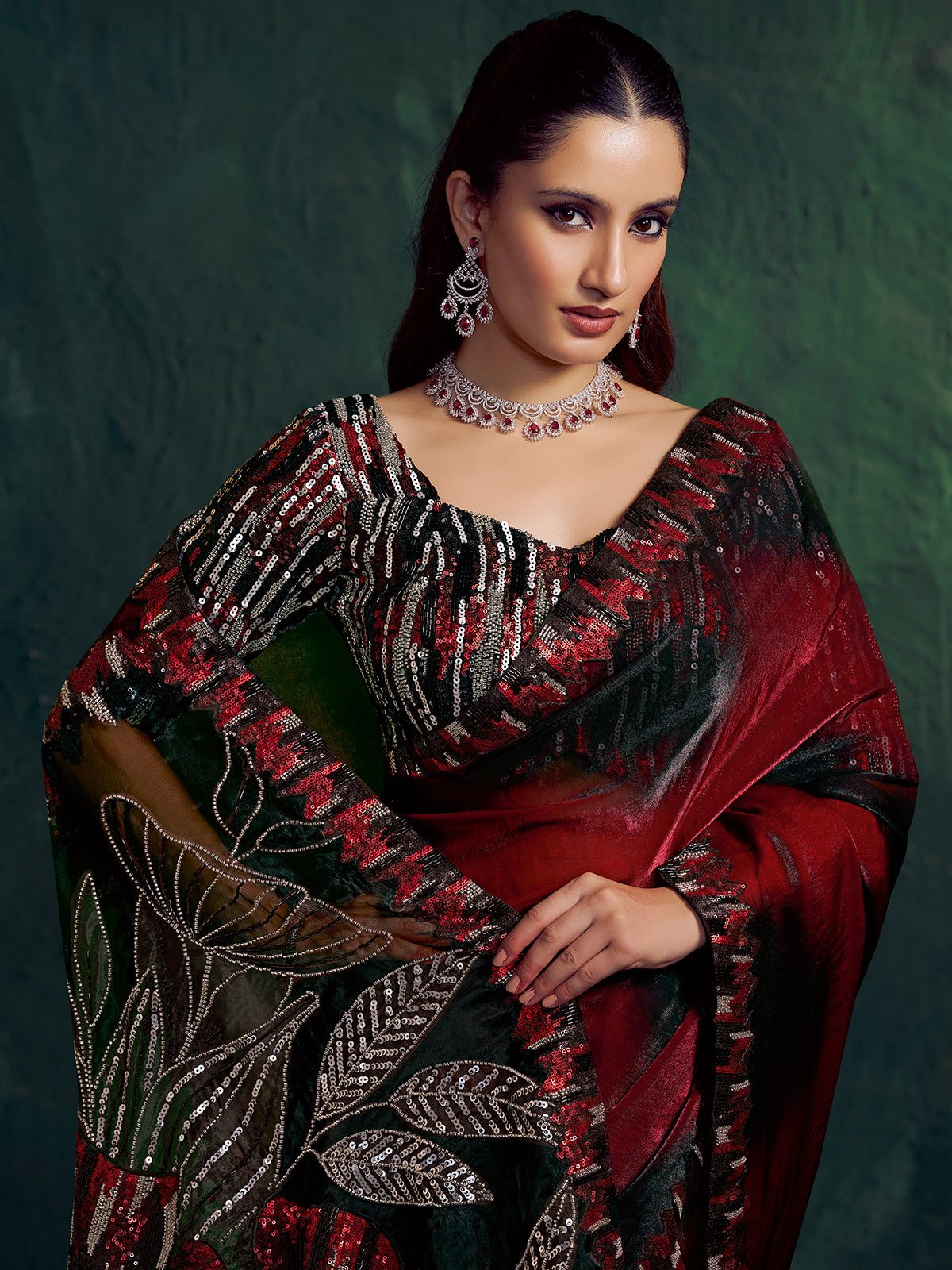 Maroon shaded satin silk partywear saree
