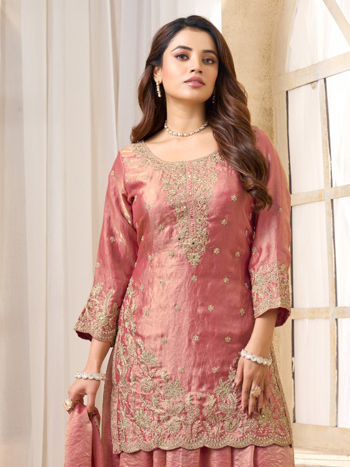 Onion pink pakistani style palazzo suit in chinon silk