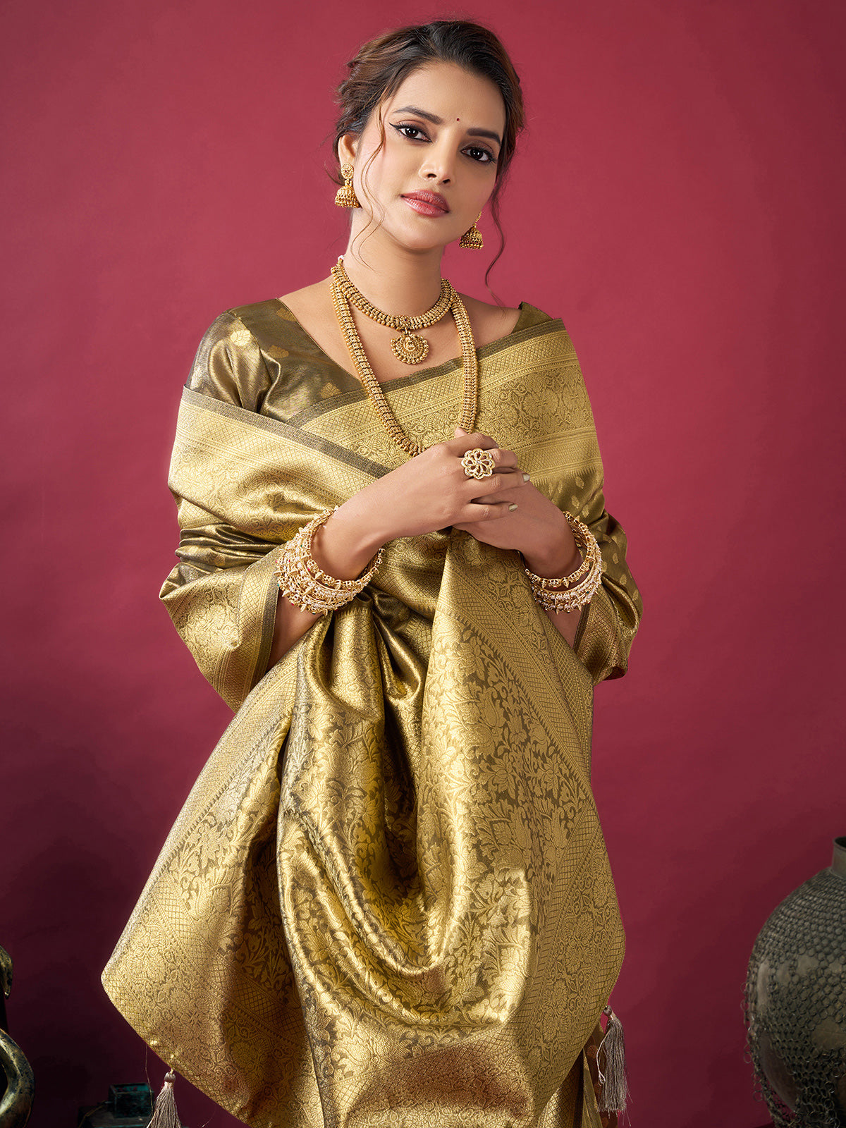 Olive silk festive wear saree with zari shine