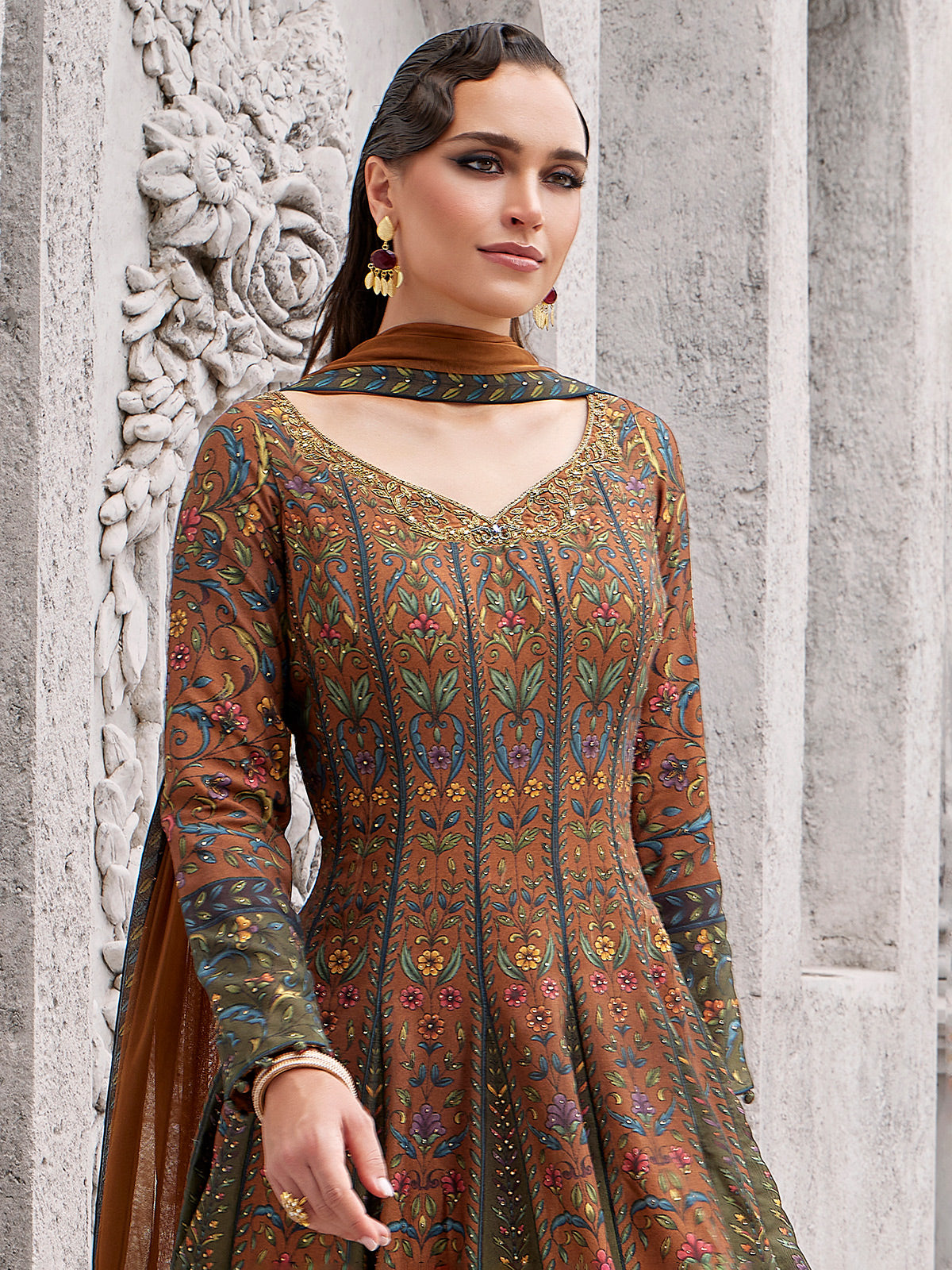 Brown silk palazzo suit with mirror and stone detailing