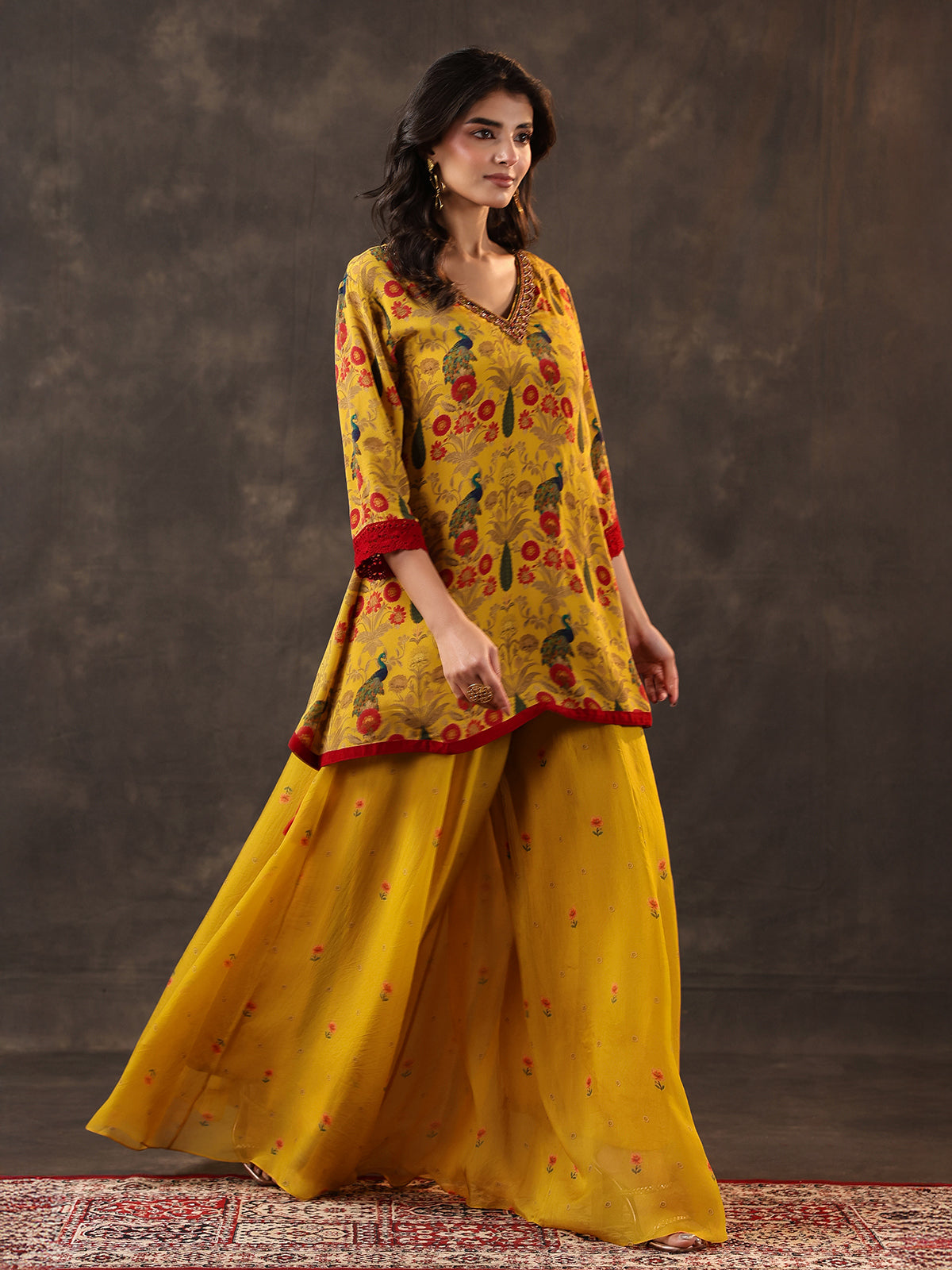 Yellow silk printed festive palazzo suit